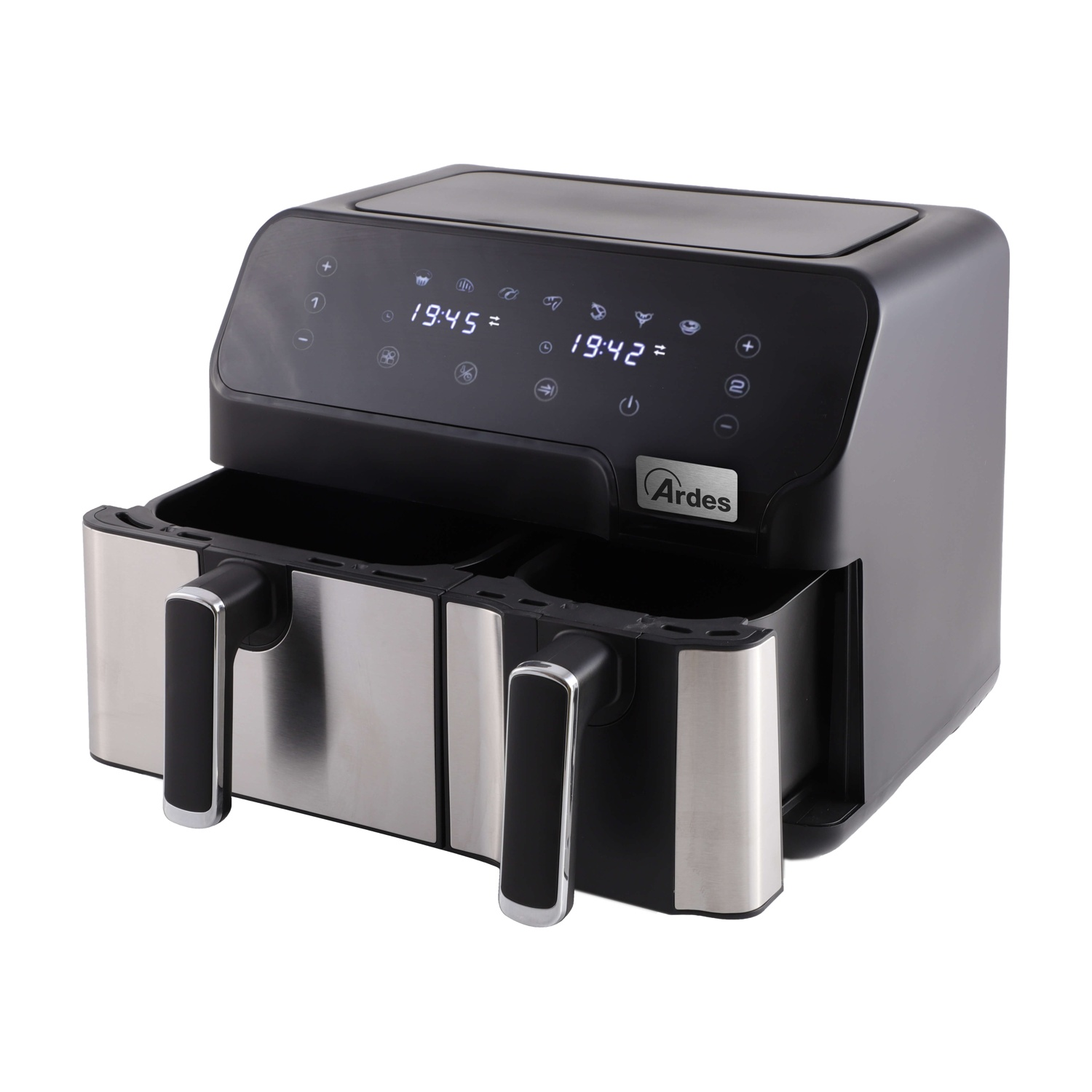 Friggitrice ad aria Ardes nera e argento su bianco. Doppi cestelli, display digitale con l'ora.