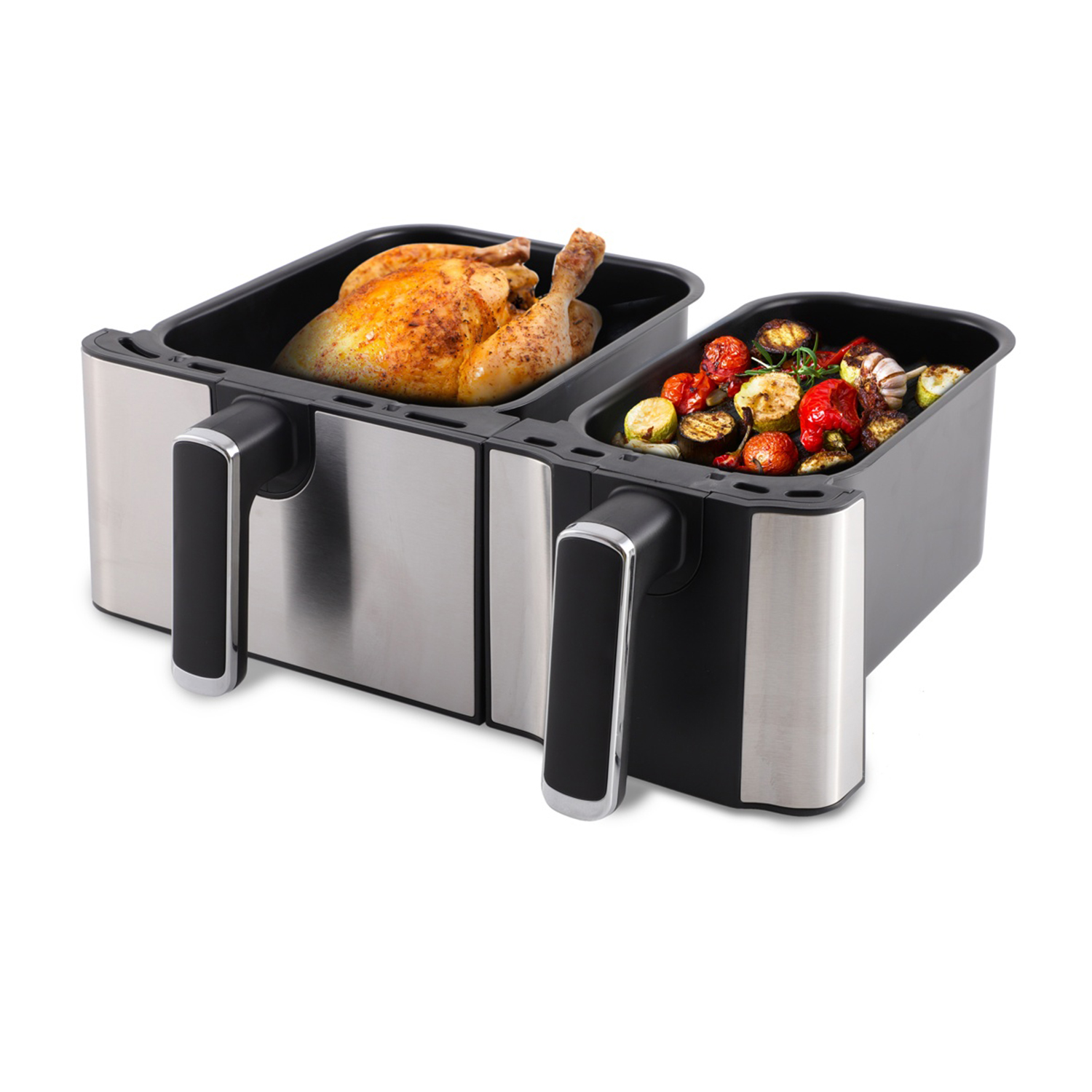 Una friggitrice ad aria doppia contenente un pollo arrosto e verdure.