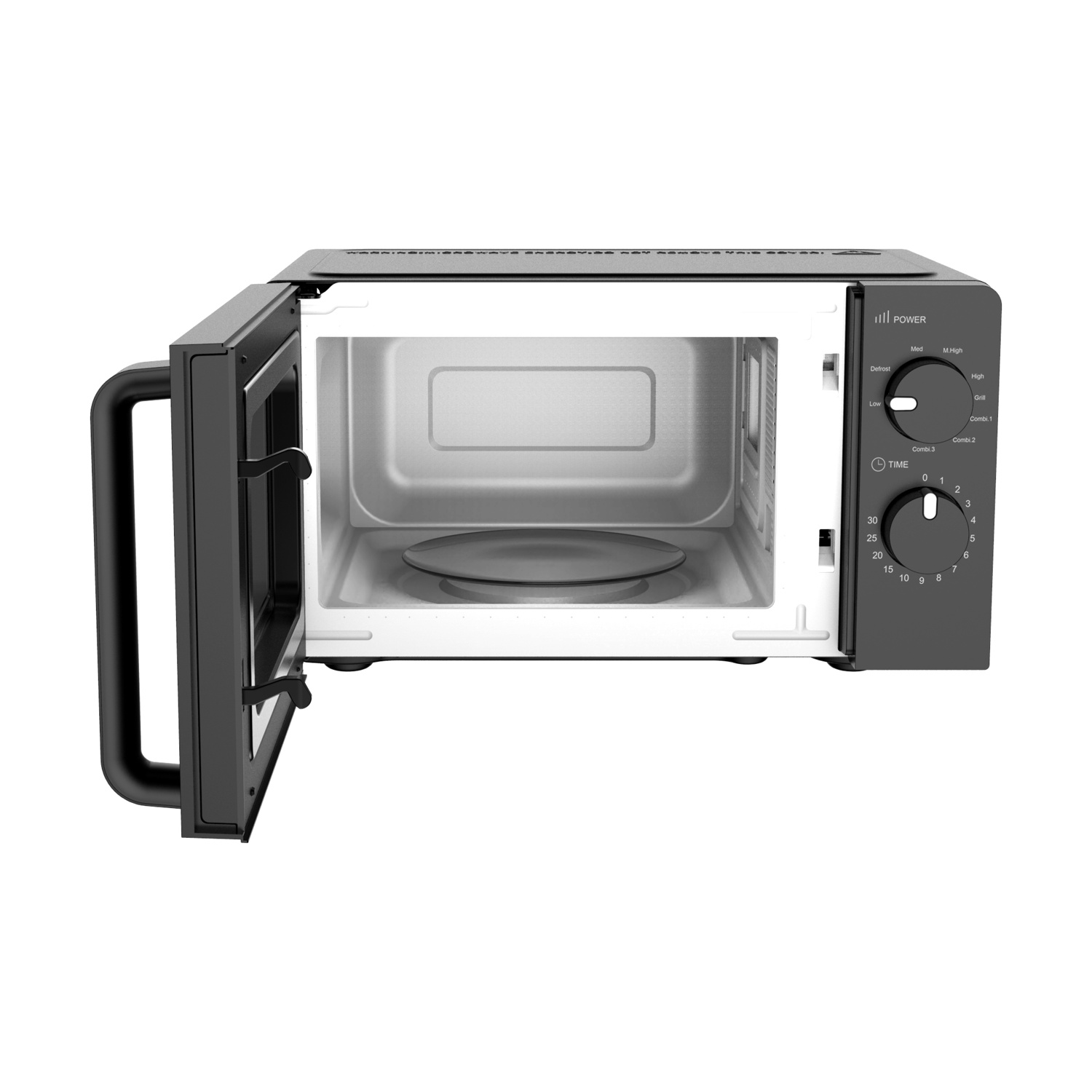 Un forno a microonde nero con la porta aperta, che rivela l'interno e i comandi.