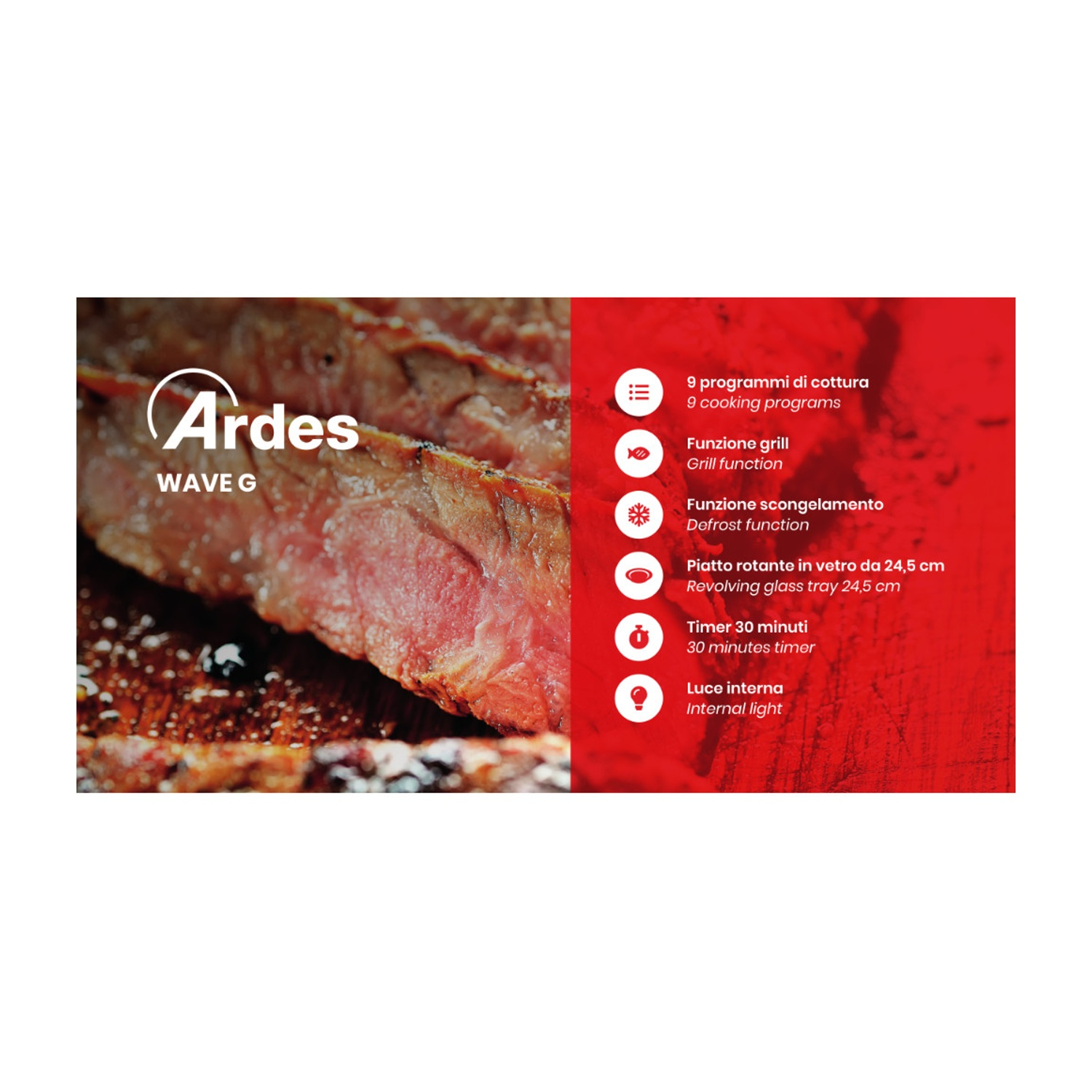 Informazioni sul prodotto Ardes Wave G. Bistecca a sinistra, caratteristiche a destra, in italiano.