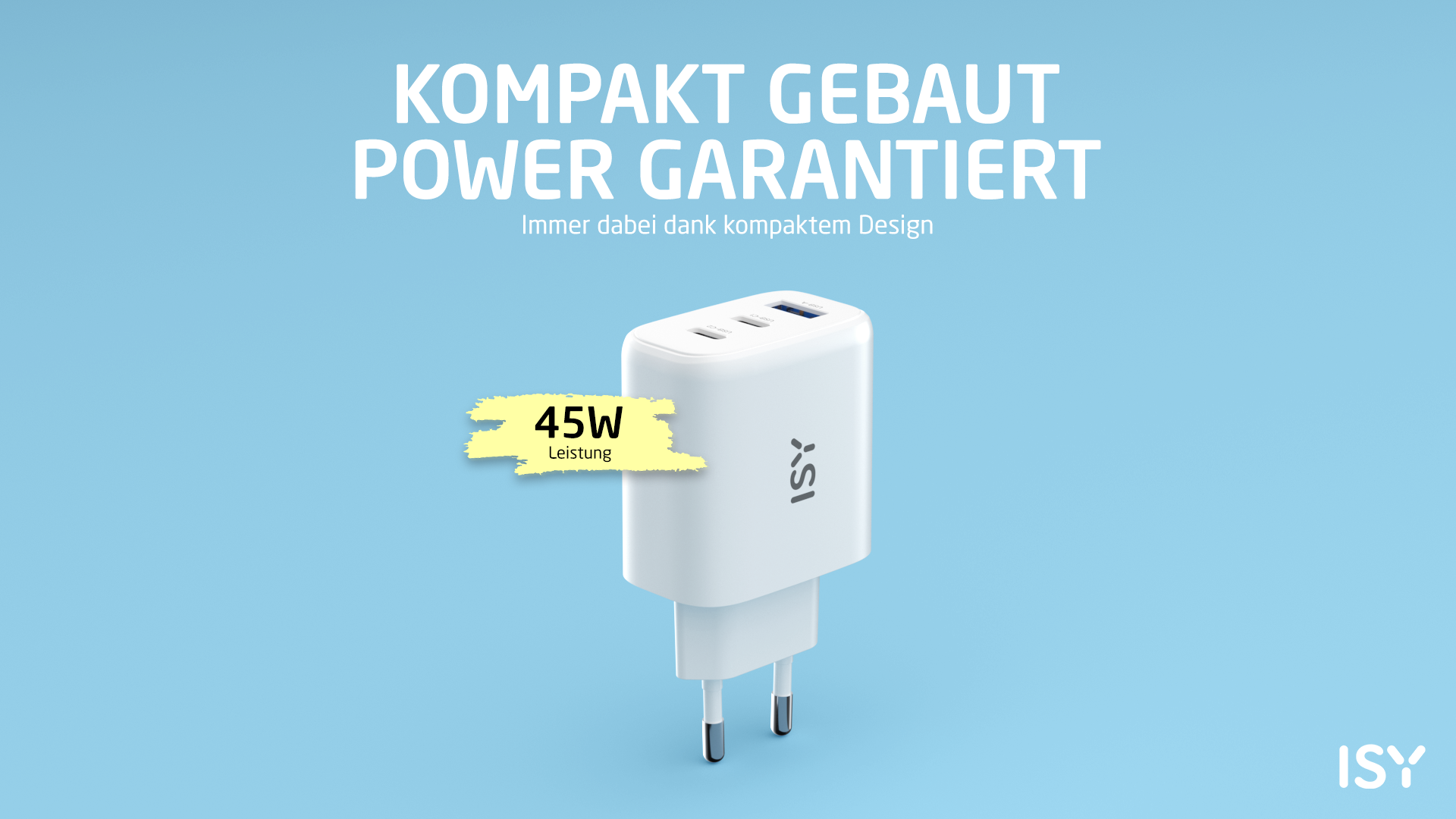 Weißes Ladegerät mit drei Anschlüssen und Stiften. Text: Kompakt gebaut, Leistung garantiert, 45 W.