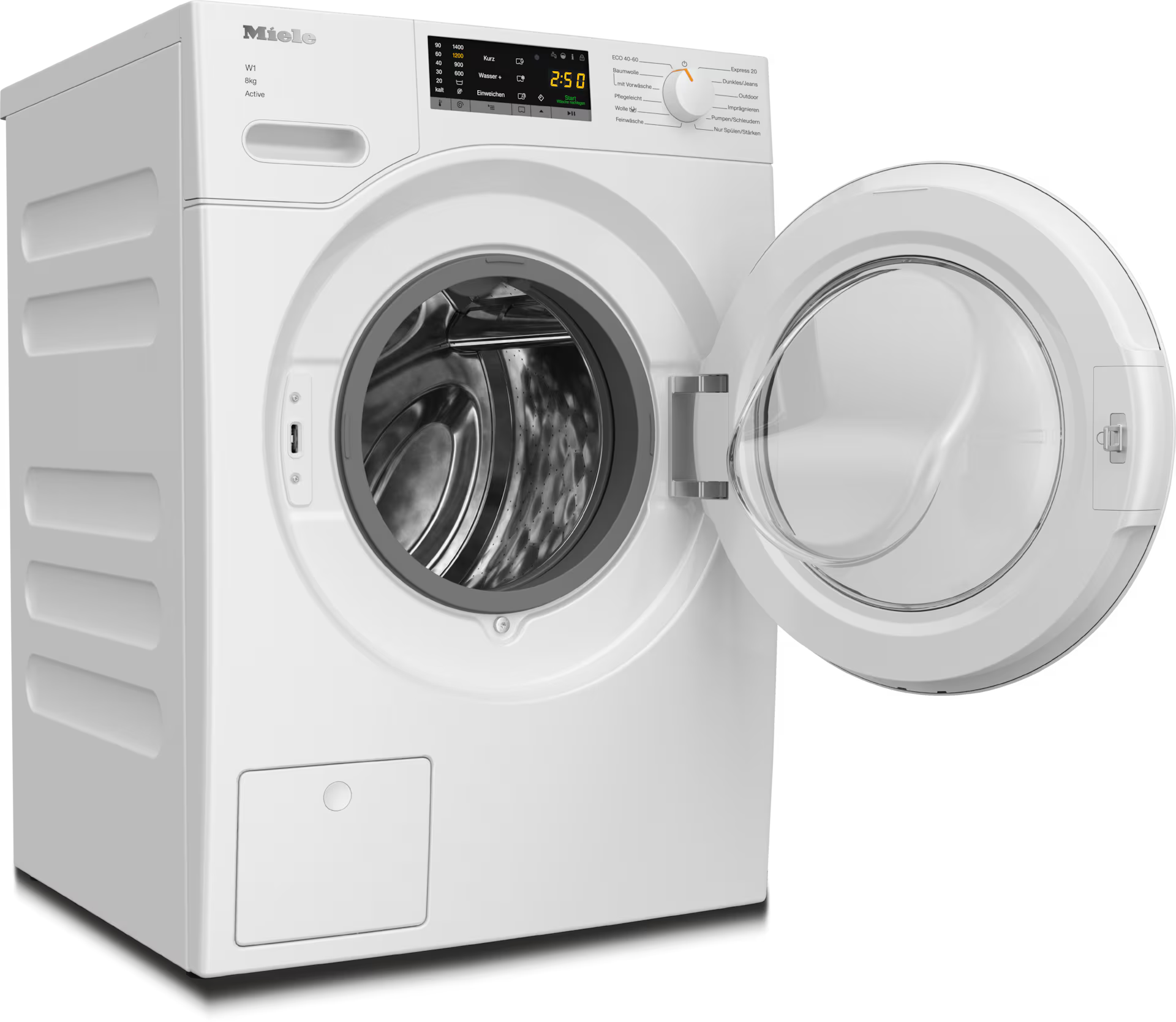 Eine weiße Miele Waschmaschine mit geöffneter Tür.