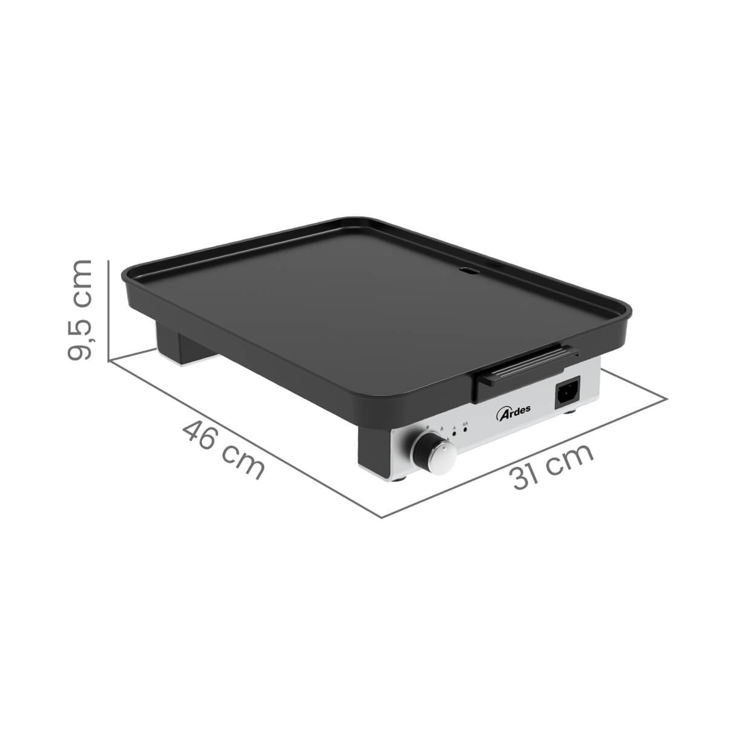 Piastra elettrica nera con dimensioni e logo 'Ardes'.