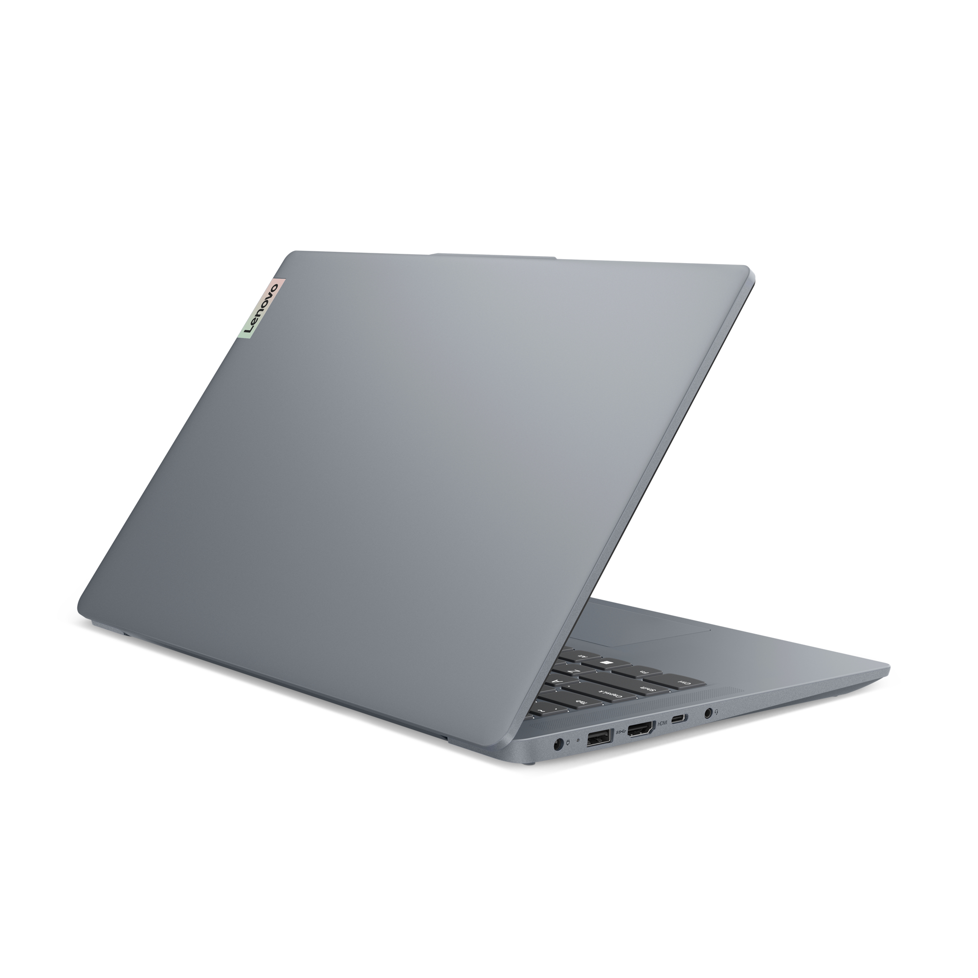 Grauer Laptop, schräge Ansicht, offen, Tastatur und Anschlüsse sichtbar.