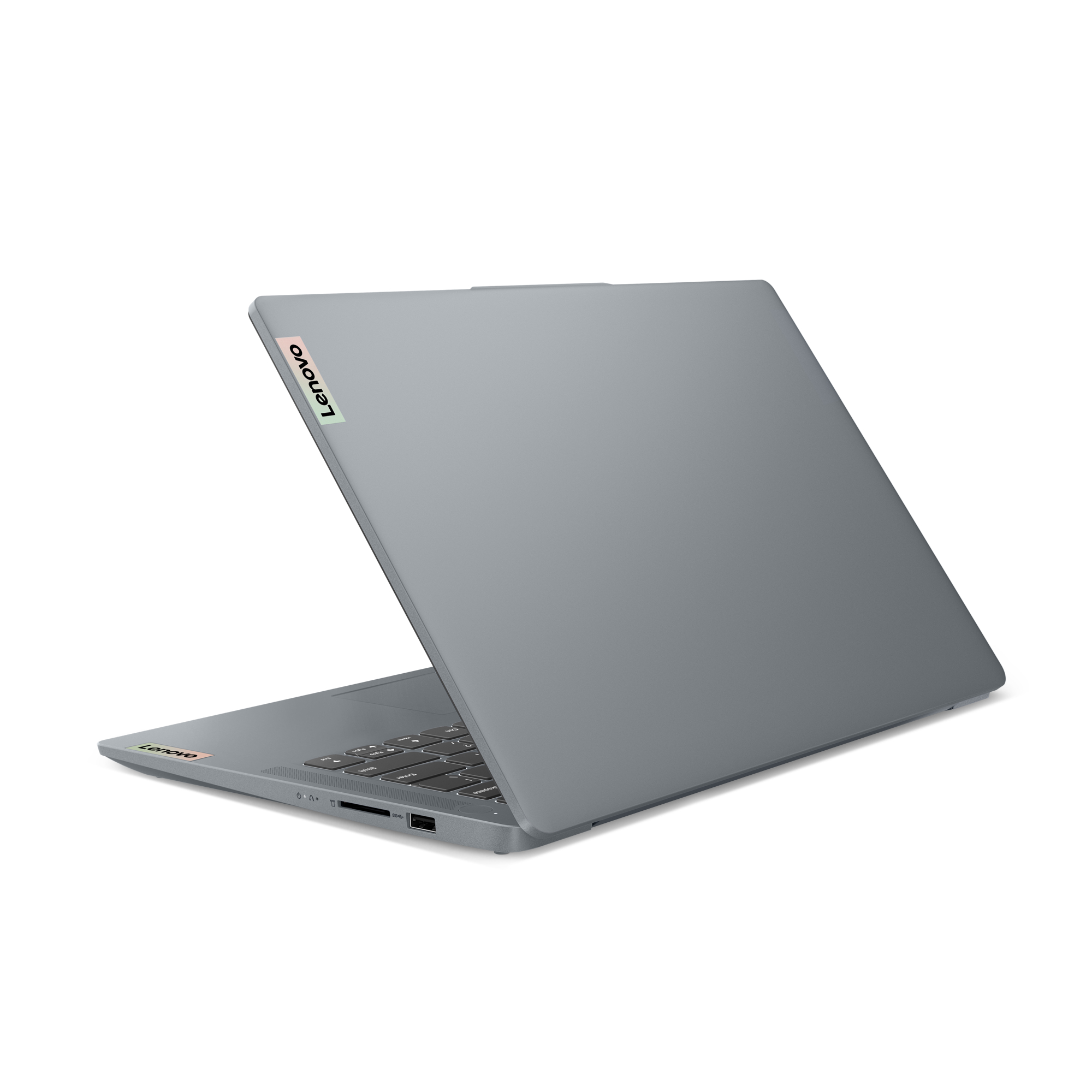 Ein grauer Laptop ist geöffnet, mit Tastatur und Lenovo-Logo.