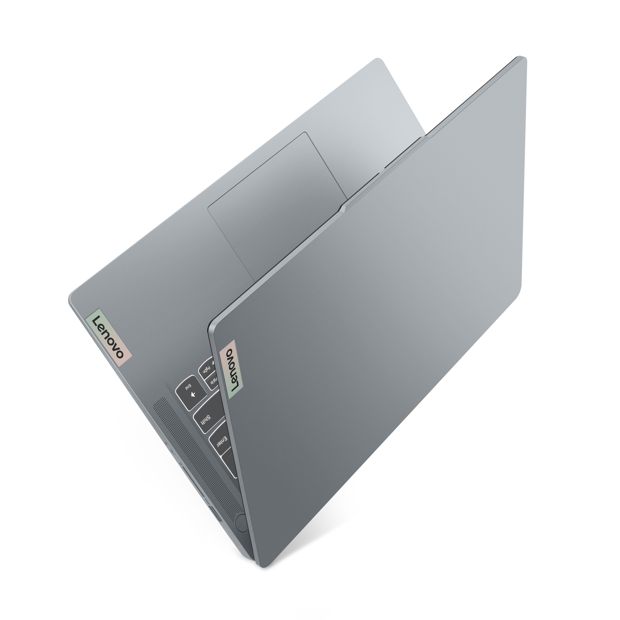 Grauer Lenovo-Laptop, geöffnet, Tastatur und Bildschirm zeigend, weißer Hintergrund.