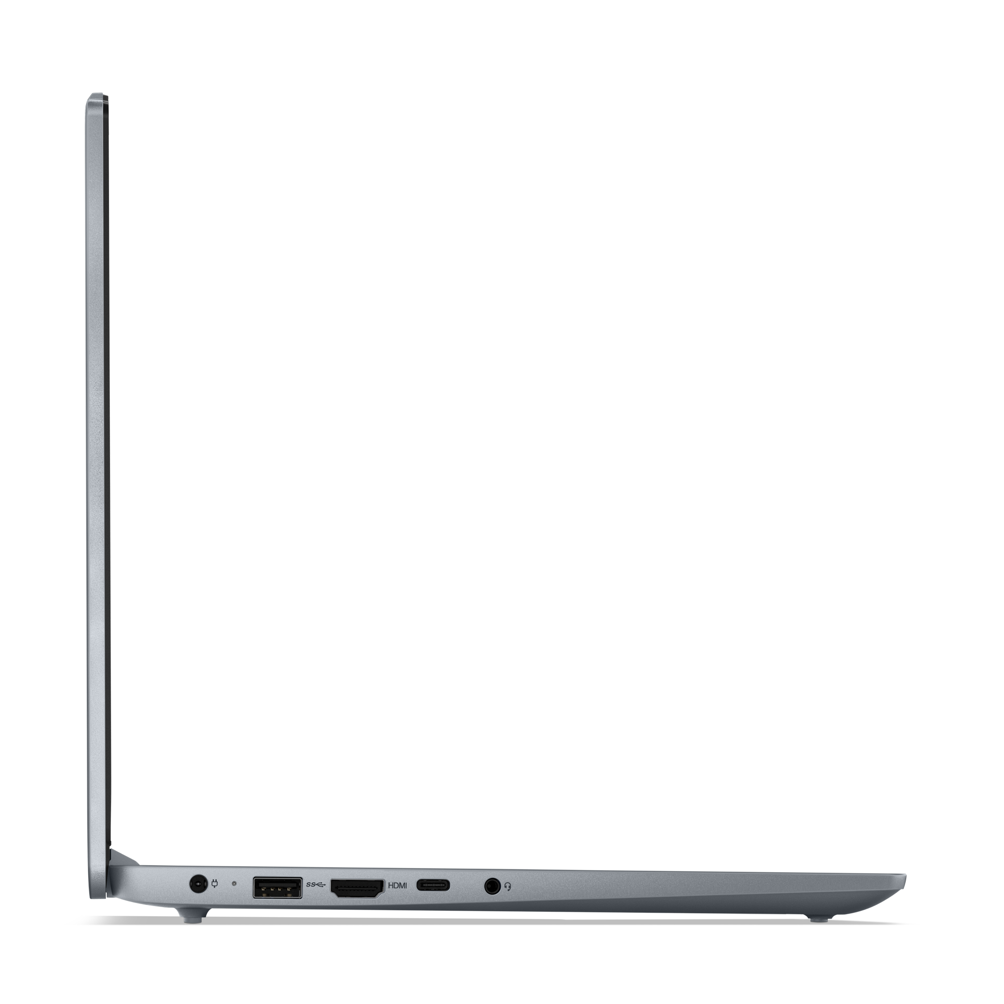 Seitenansicht eines dünnen grauen Laptops, der Anschlüsse zeigt, und ein weißer Hintergrund.