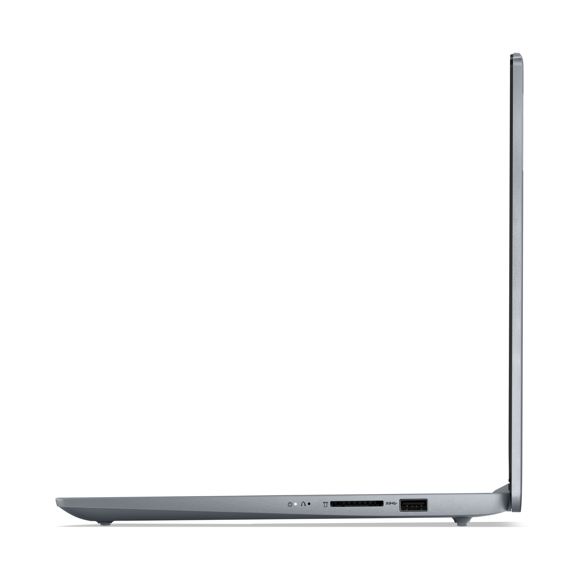 Seitenansicht eines grauen Laptops, der Anschlüsse und ein schlankes Design auf weißem Hintergrund zeigt.
