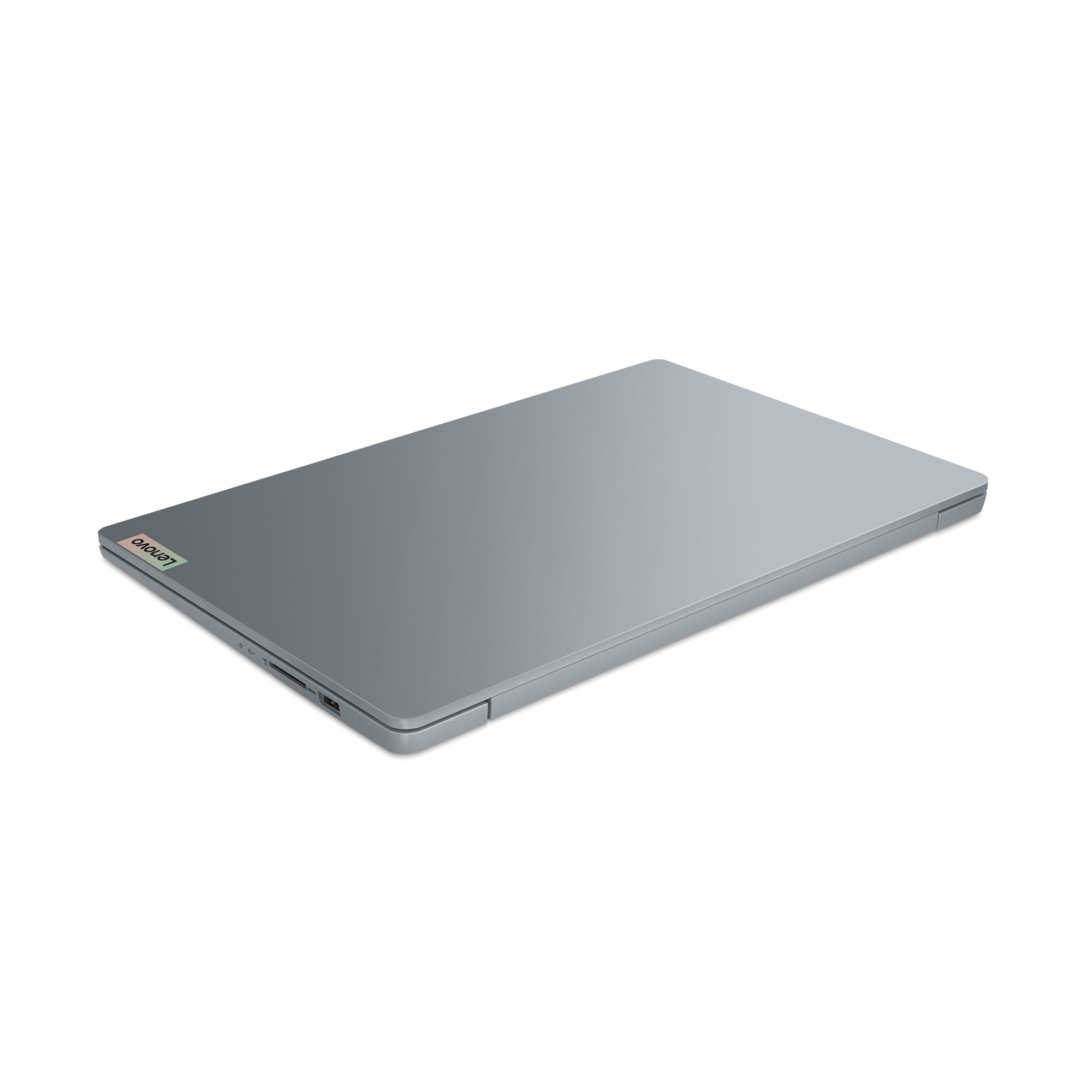 Ein geschlossener grauer Laptop, abgewinkelt, mit der oberen Oberfläche und einem Lenovo-Logo in der Ecke.