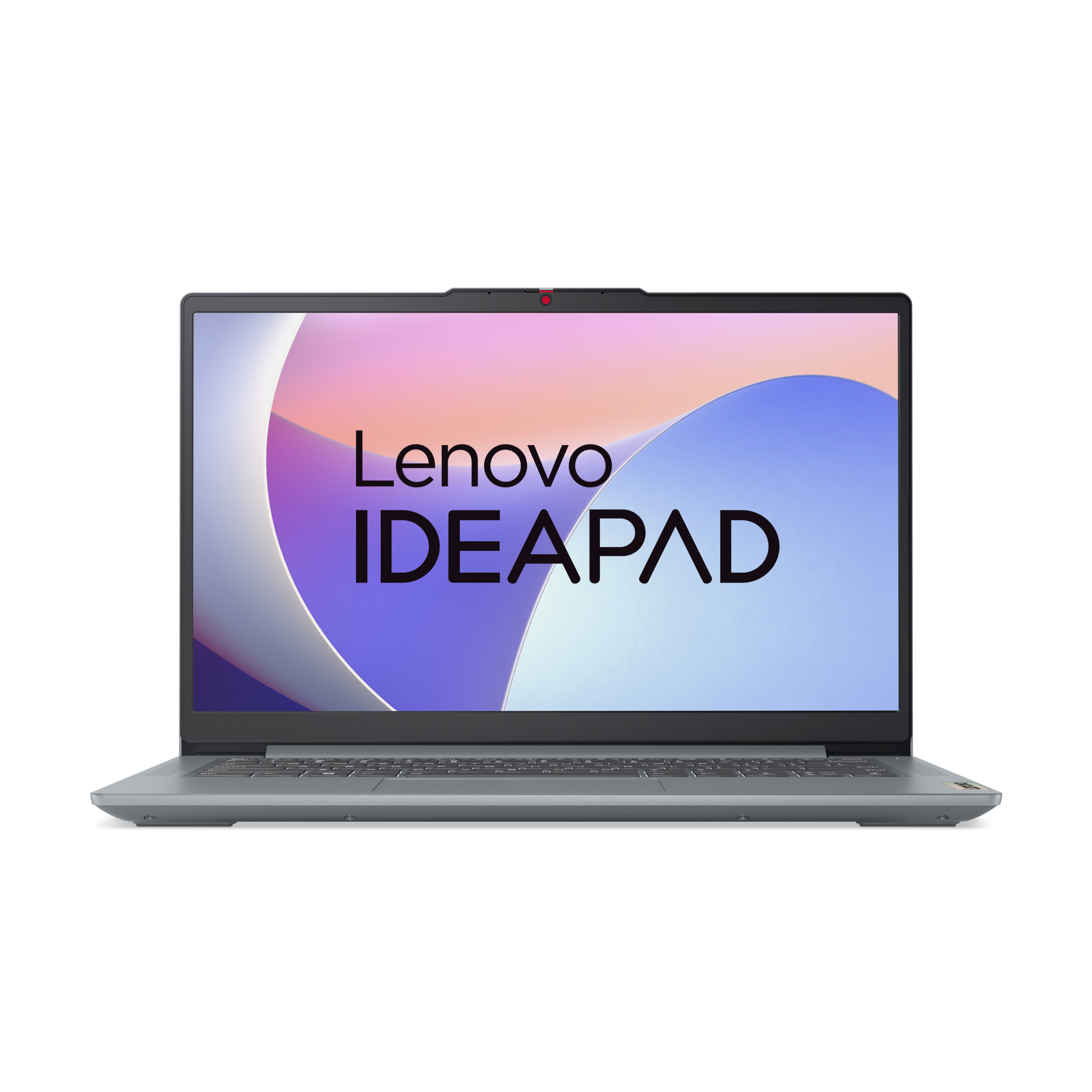 Lenovo IdeaPad Laptop auf weißem Hintergrund. Der Bildschirm zeigt ein Logo.