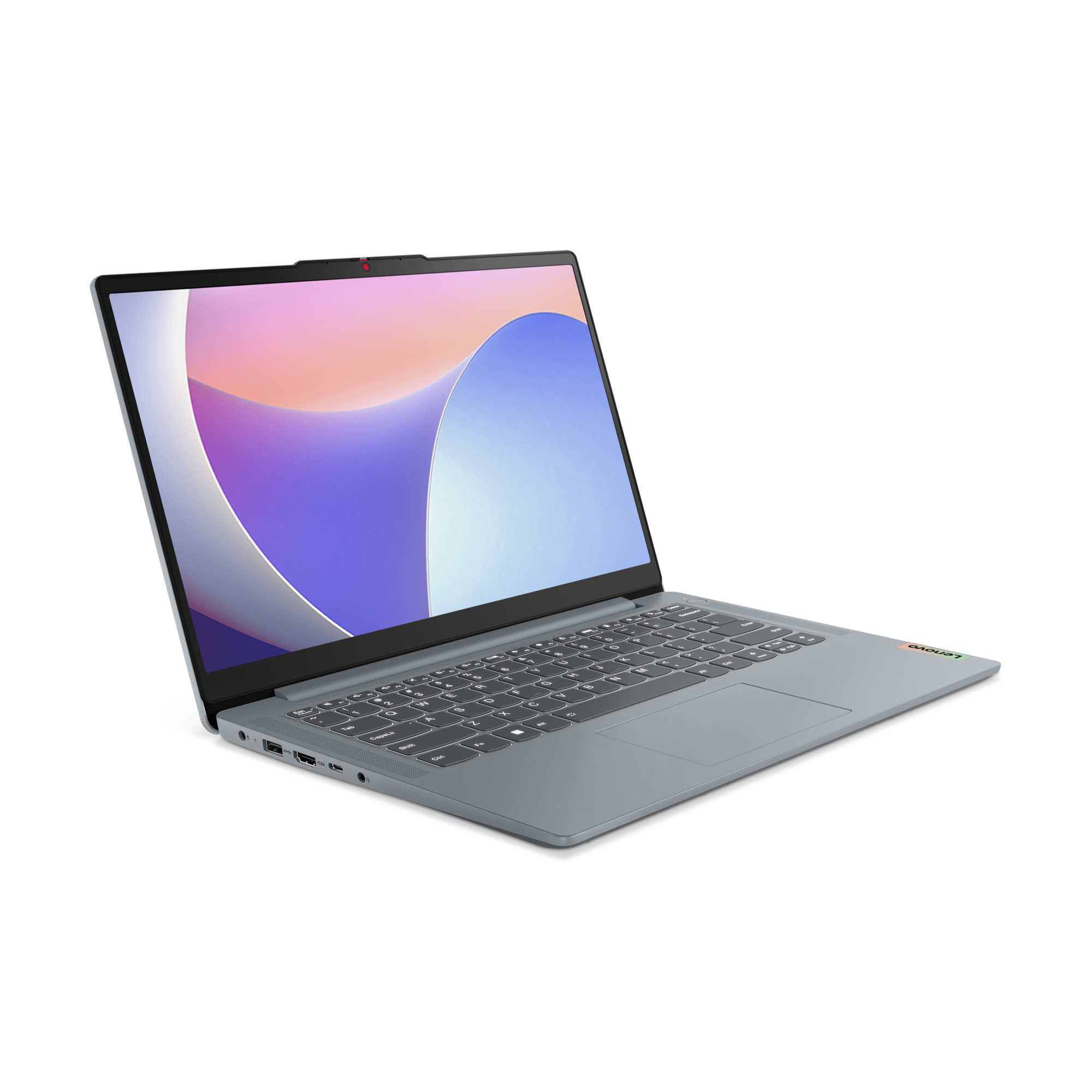 Grauer Lenovo IdeaPad Laptop auf weißem Hintergrund, Winkelansicht. Tastatur und Bildschirm sichtbar.
