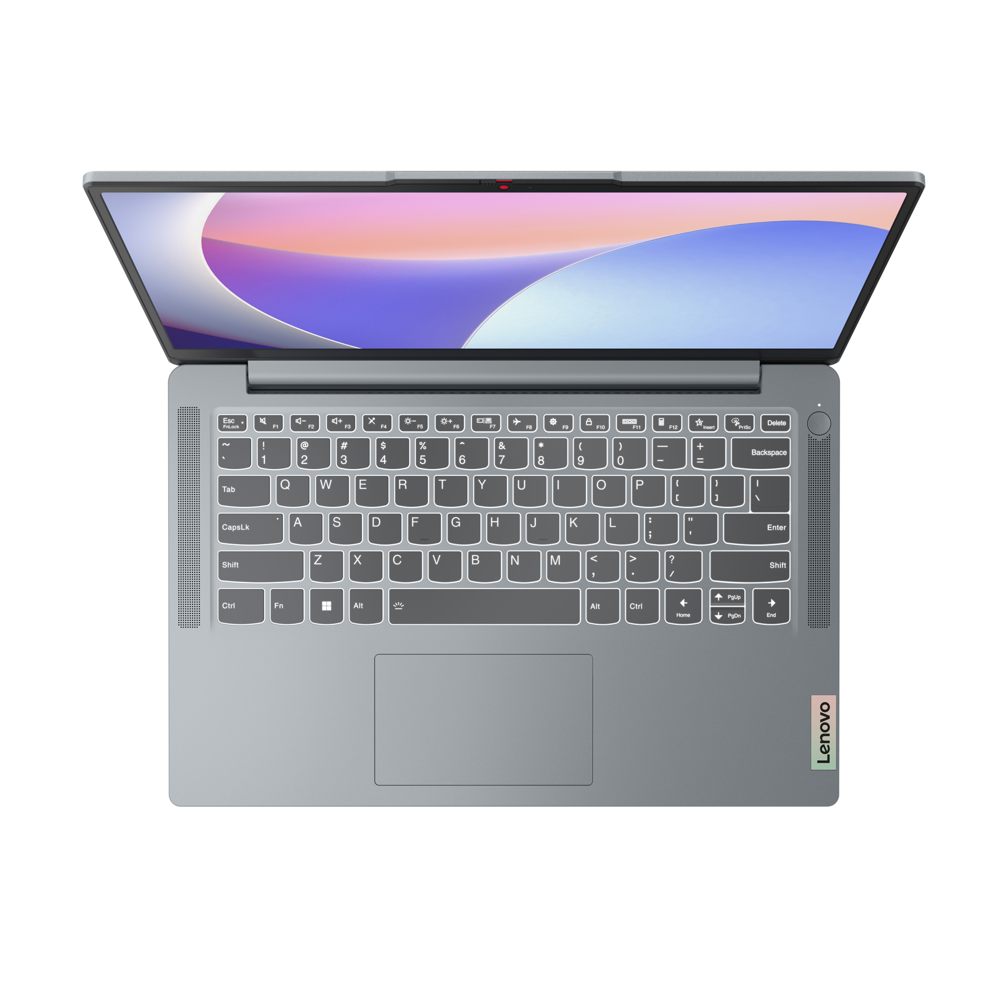 Laptop von oben, offen, Tastatur und Bildschirm zeigend. Weißer Hintergrund.