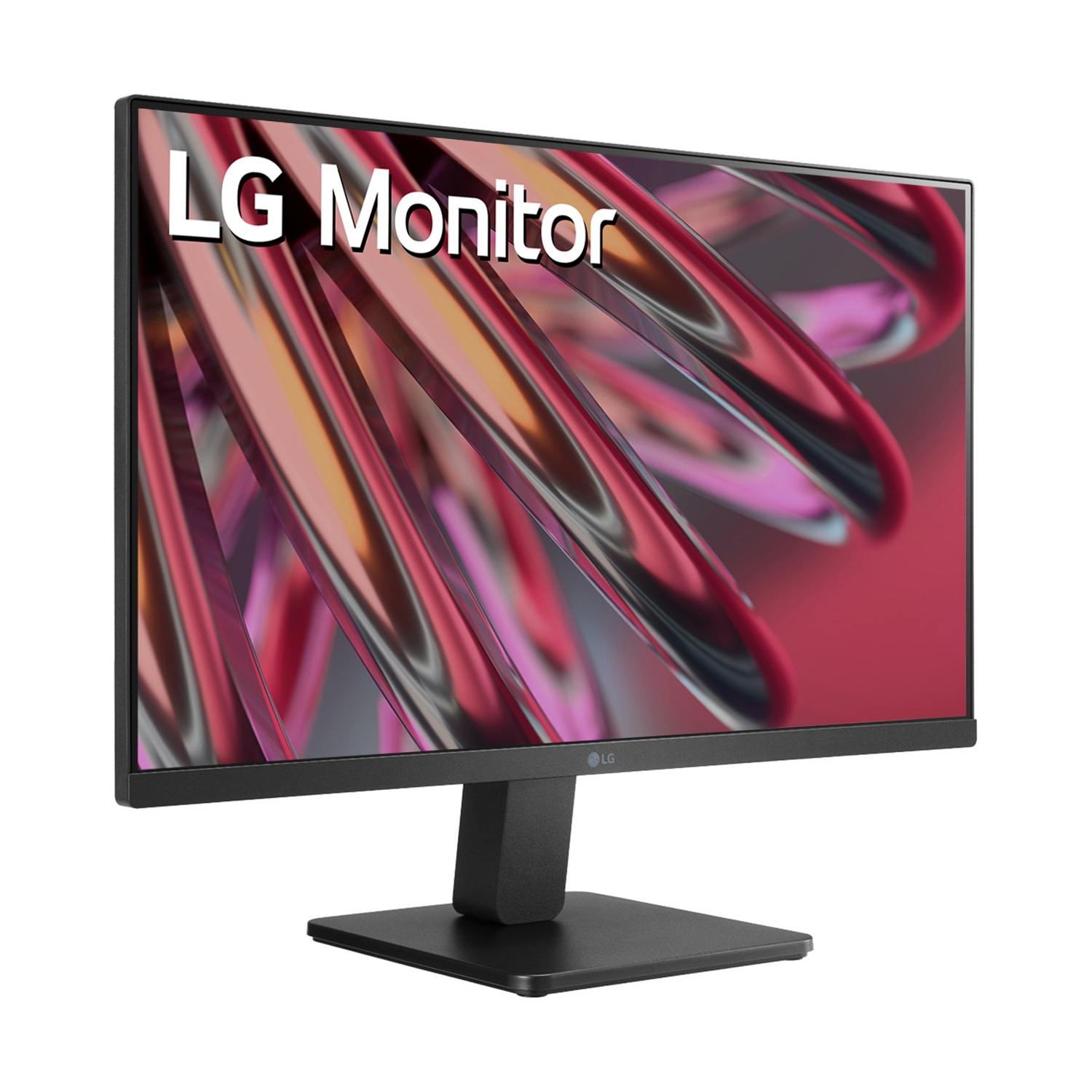 Monitor LG con schermo che mostra un design astratto colorato, supporto nero.