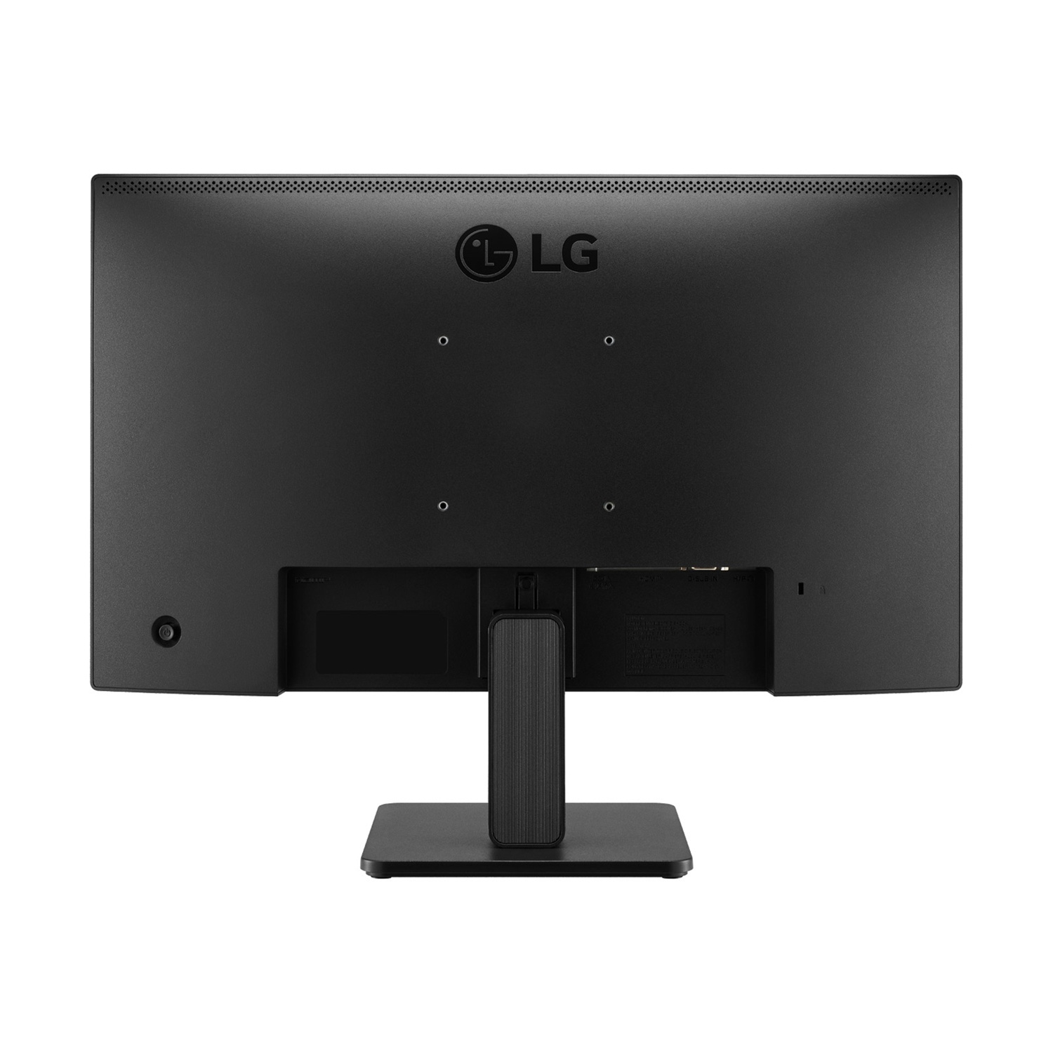 Vista posteriore di un monitor LG nero con supporto e porte.