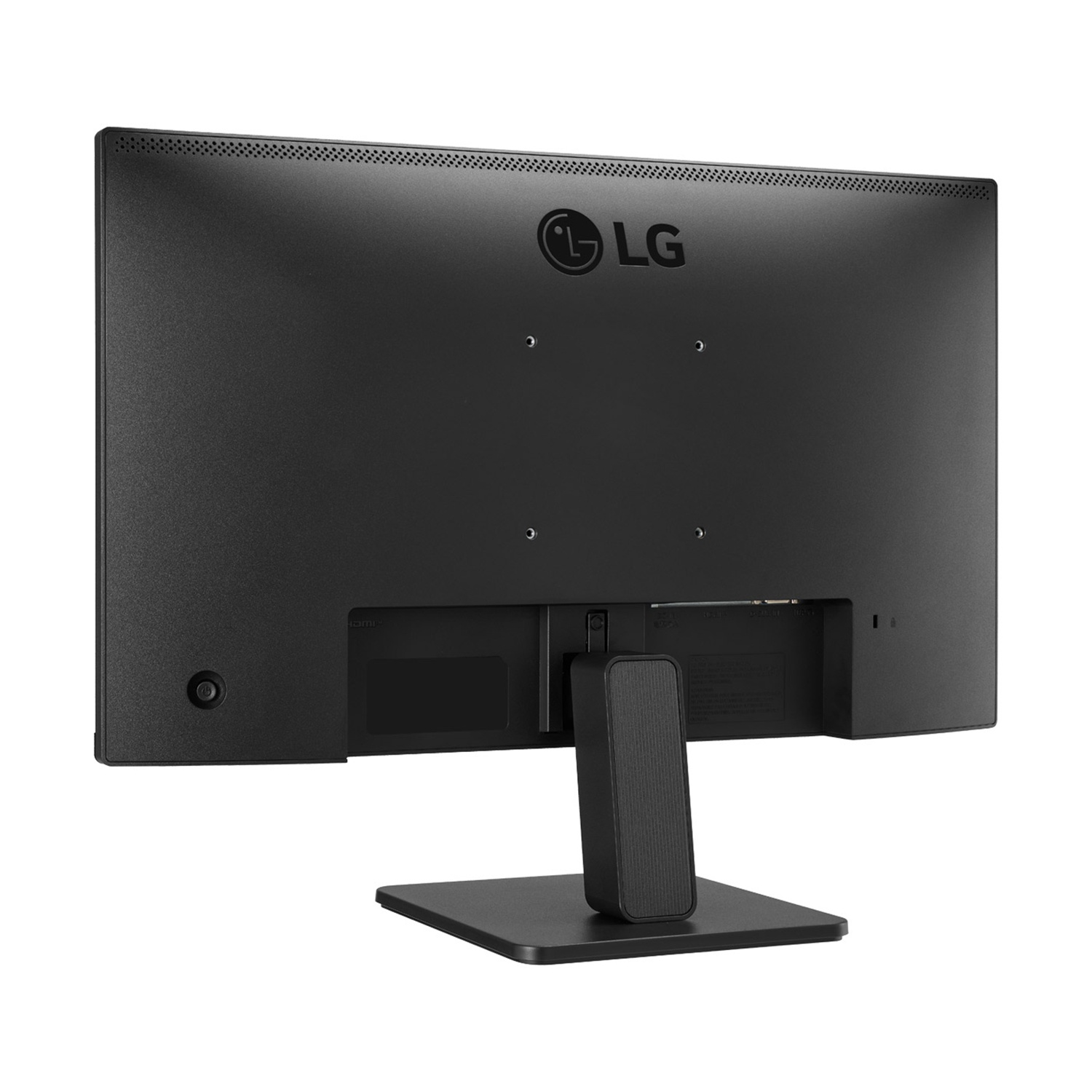 Vista posteriore di un monitor LG su supporto nero, su sfondo bianco.