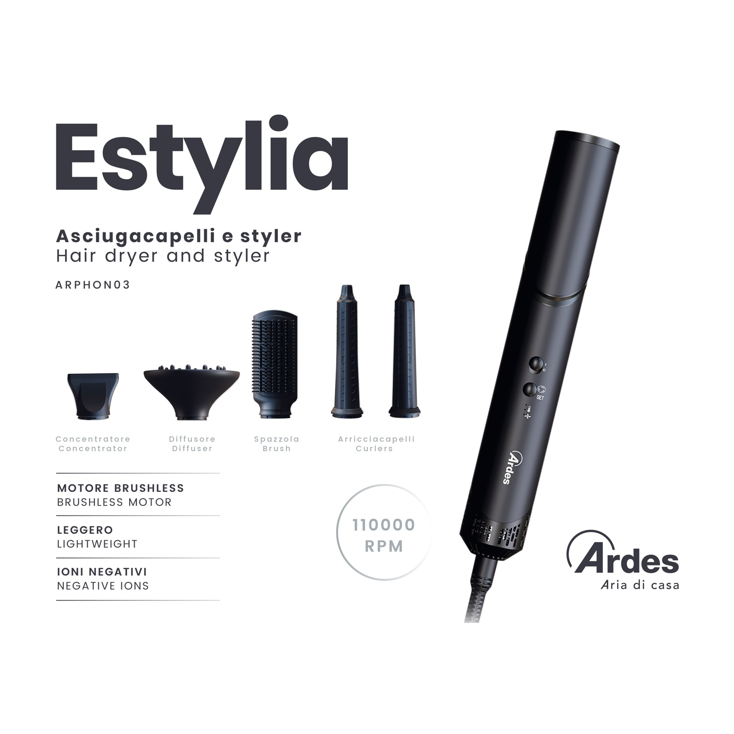 Asciugacapelli in bianco e nero con accessori e testo.