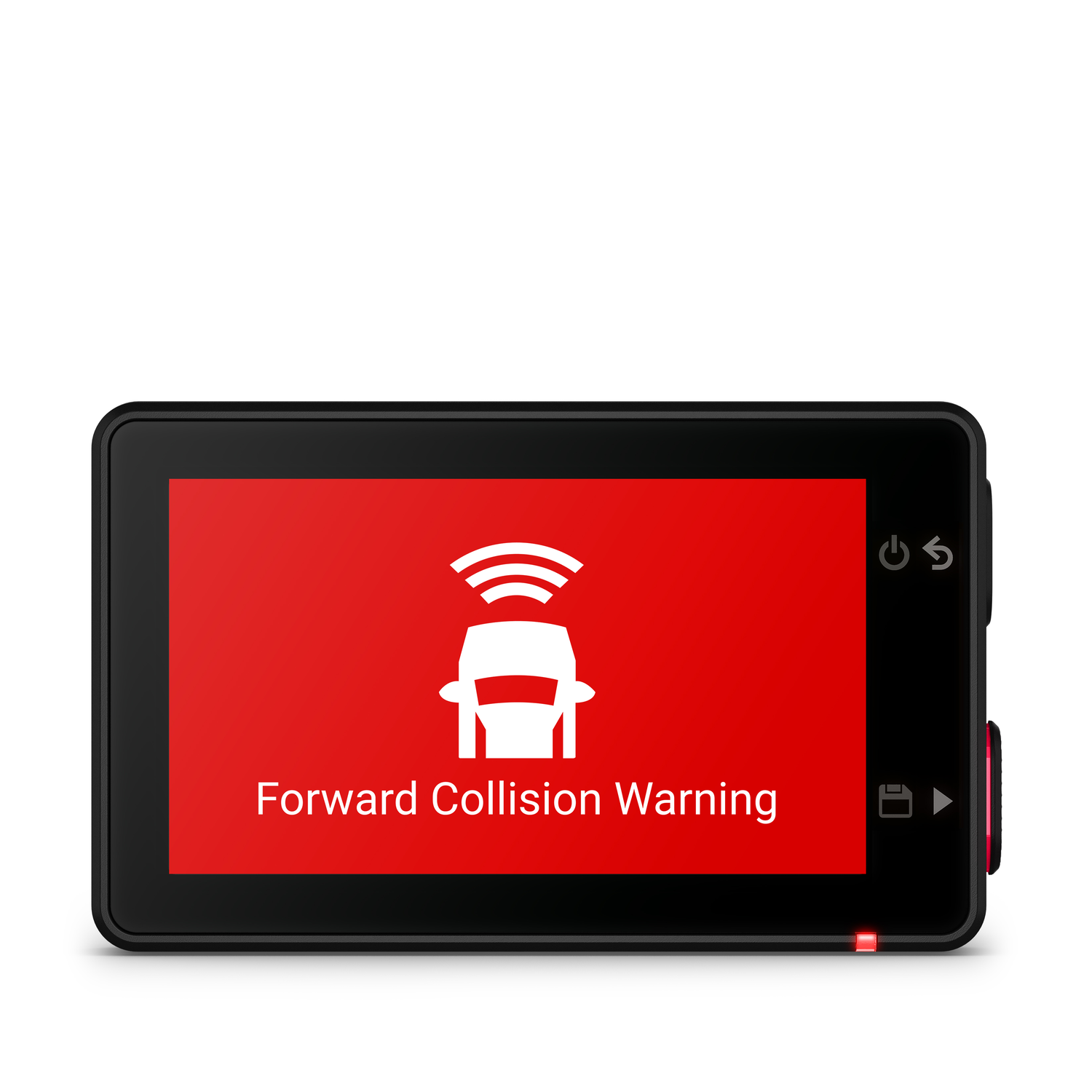 A black dashboard screen displaying a forward collision warning.