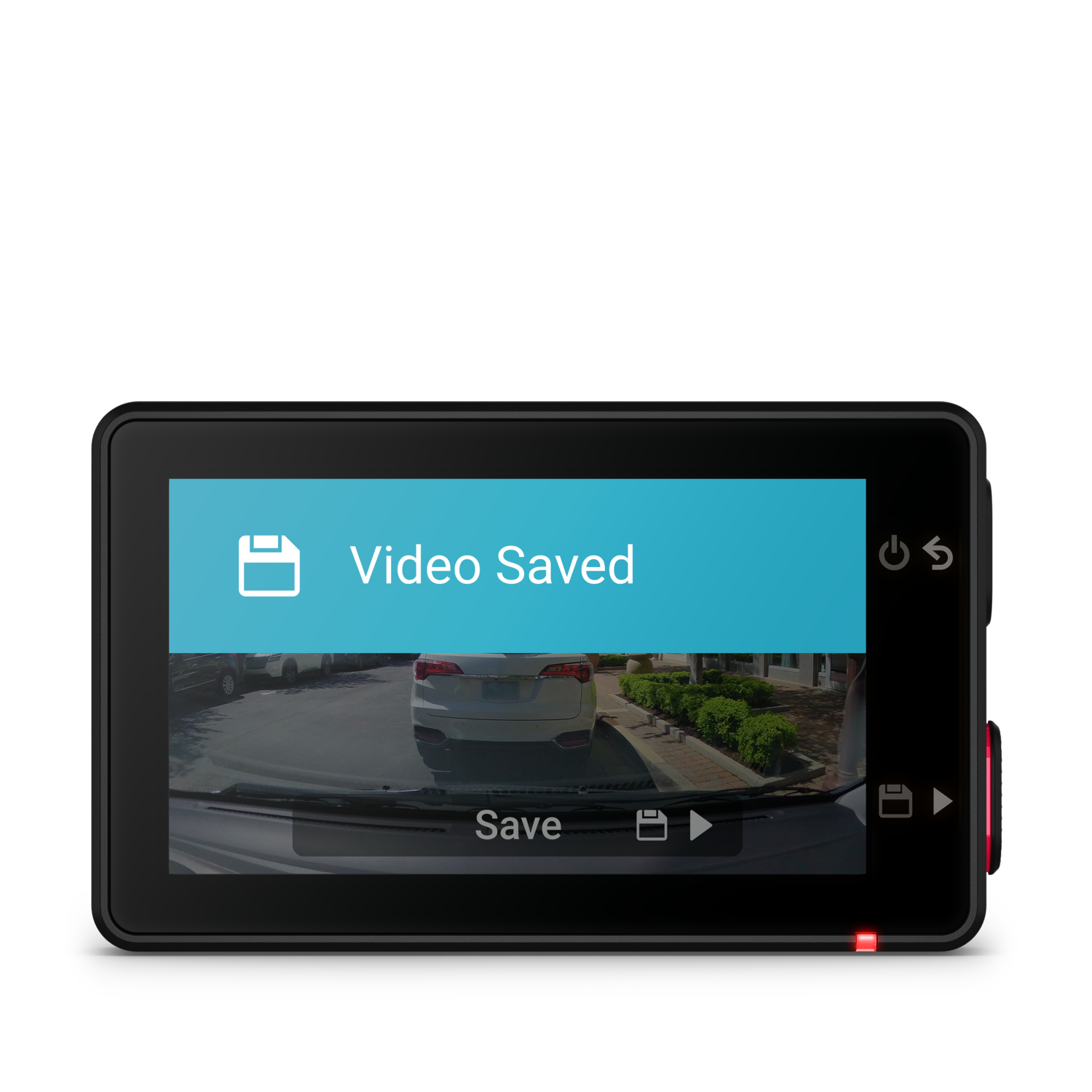 Dashboard screen shows 'Video Saved'. Car interior view, with a saved video on the screen.