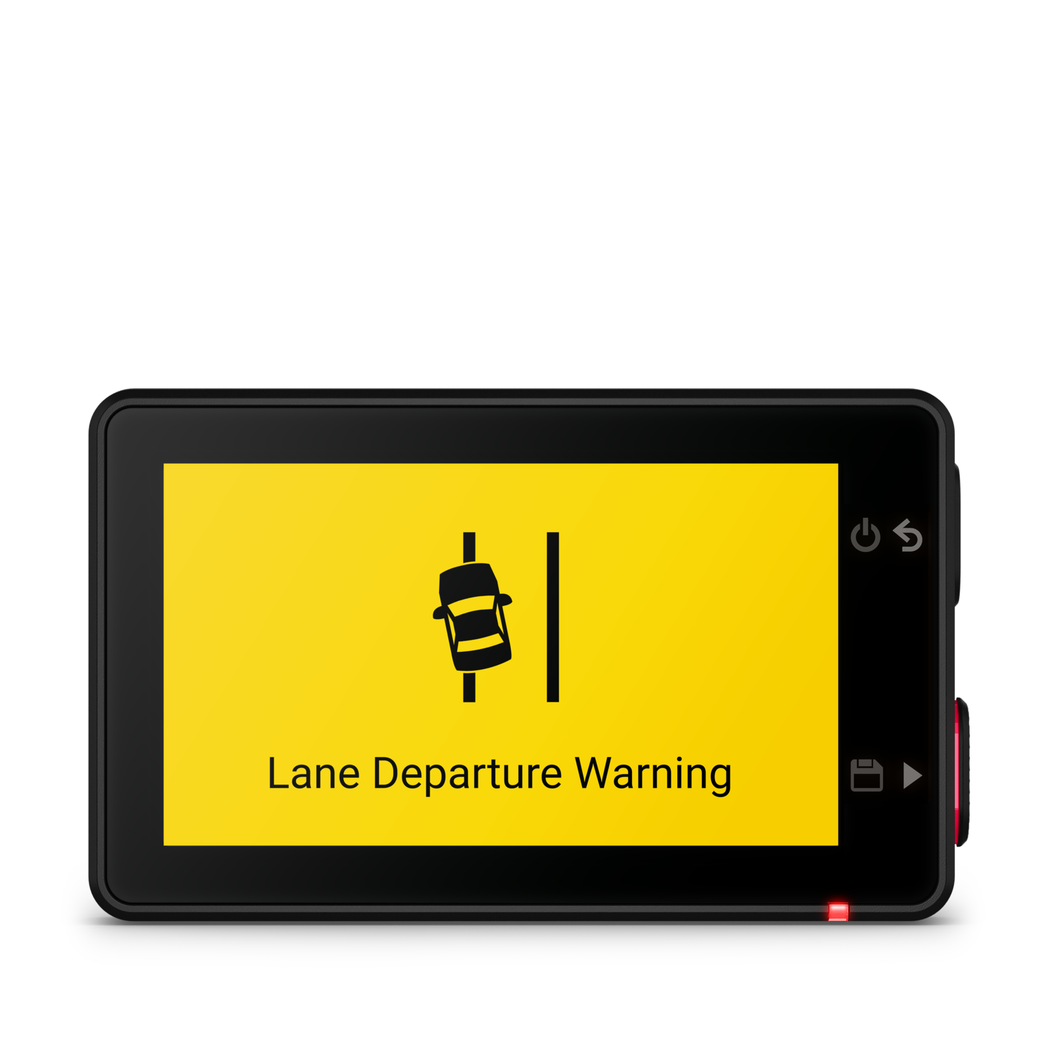 A car dashboard screen with a lane departure warning icon.