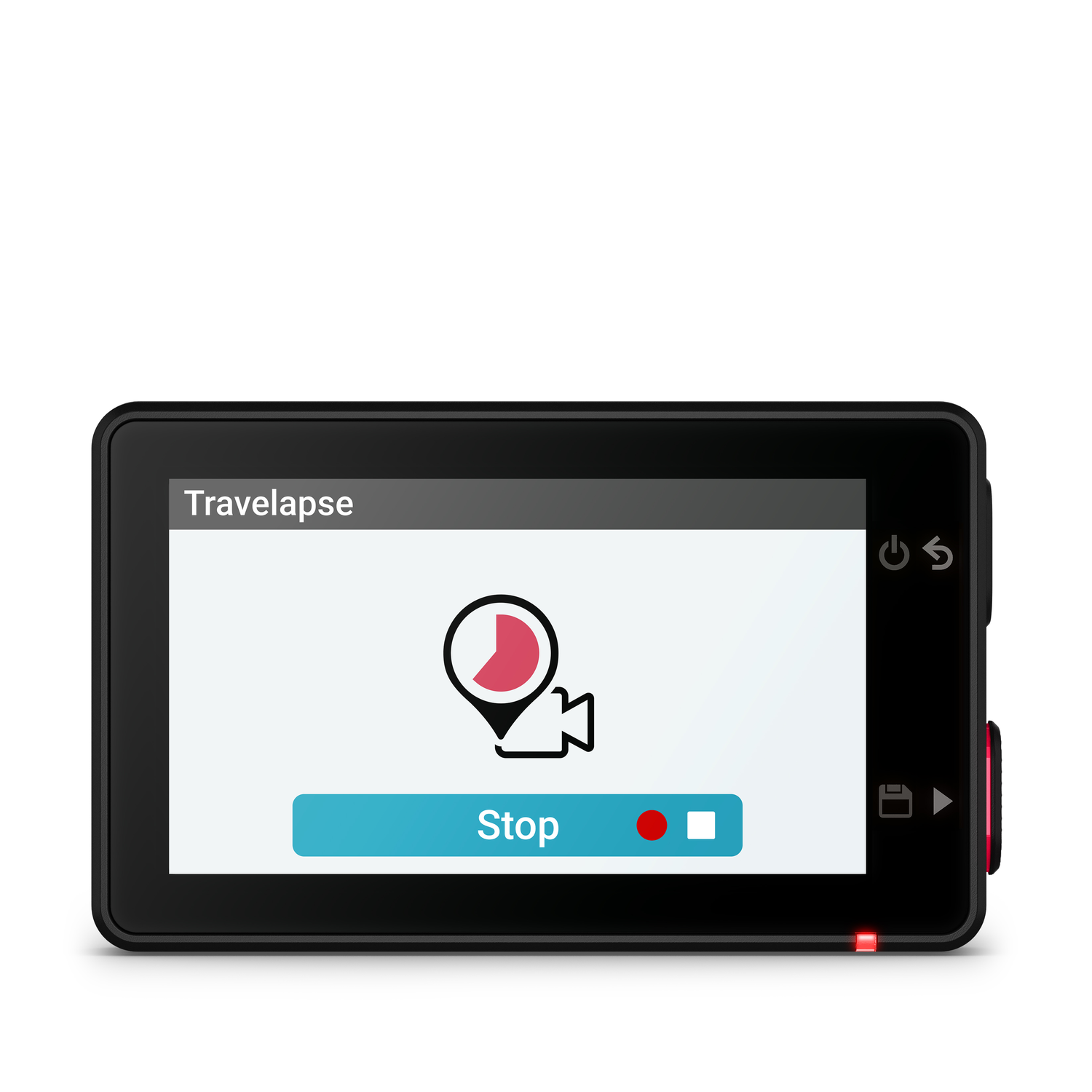 Dashboard screen shows 'Travelapse' and a stop button. Red recording indicator is lit.
