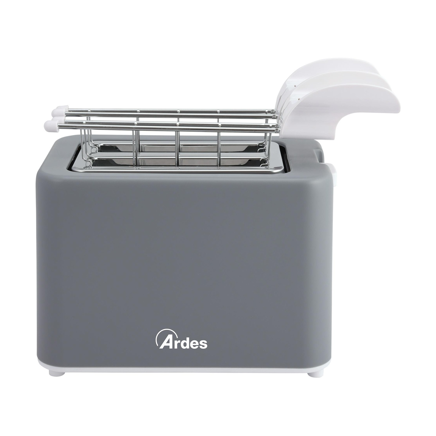 Tostapane grigio con griglia in acciaio inox, parte superiore in plastica bianca. Marchio 'Ardes'.