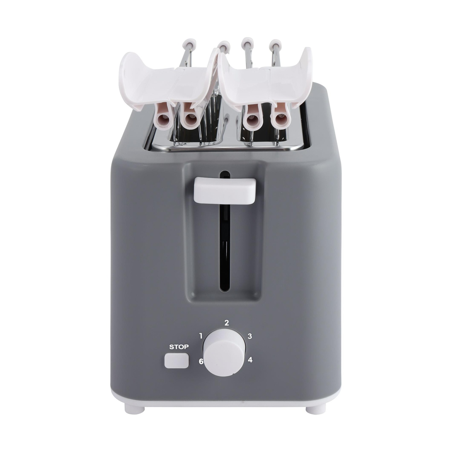 Vista frontale di un tostapane grigio con impostazioni da 1 a 6. Coperchio in plastica bianca.