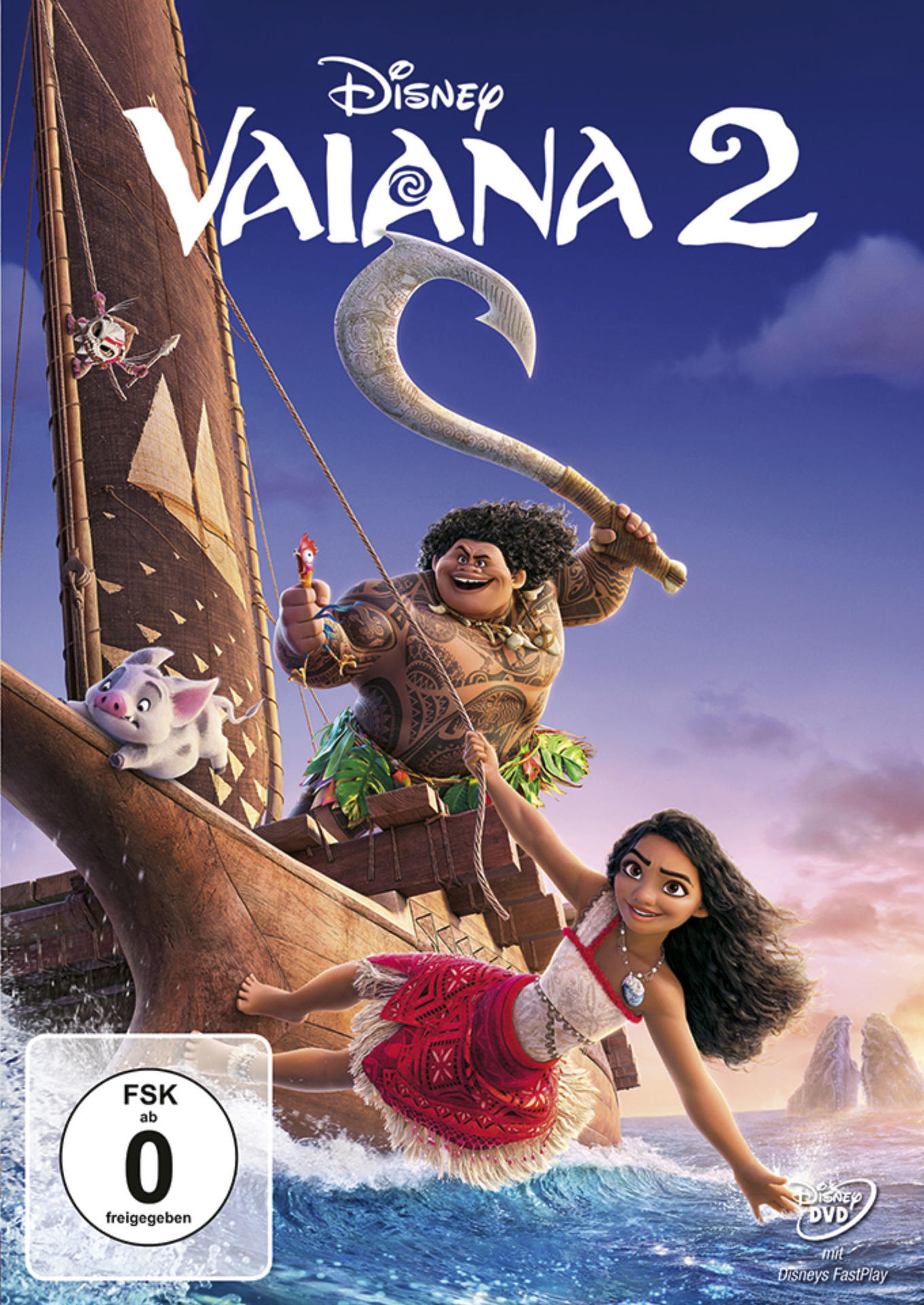 Filmplakat mit Figuren, Segelschiff und dem Titel 'Vaiana 2'.