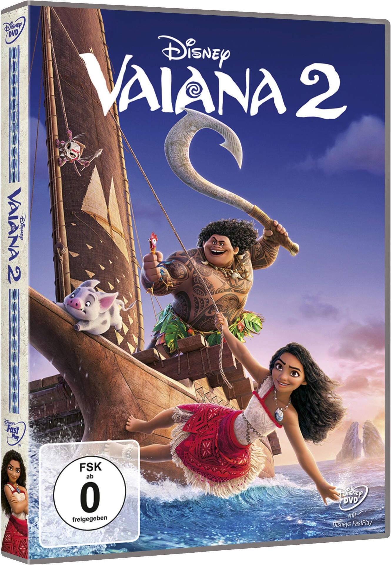 DVD-Cover des Animationsfilms Vaiana 2 mit Moana und Maui.