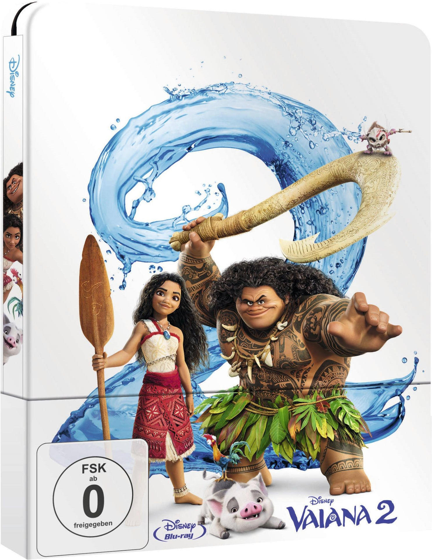 Moana 2 Blu-ray-Cover mit den Charakteren Moana, Maui und Pua in einem lebendigen Design.