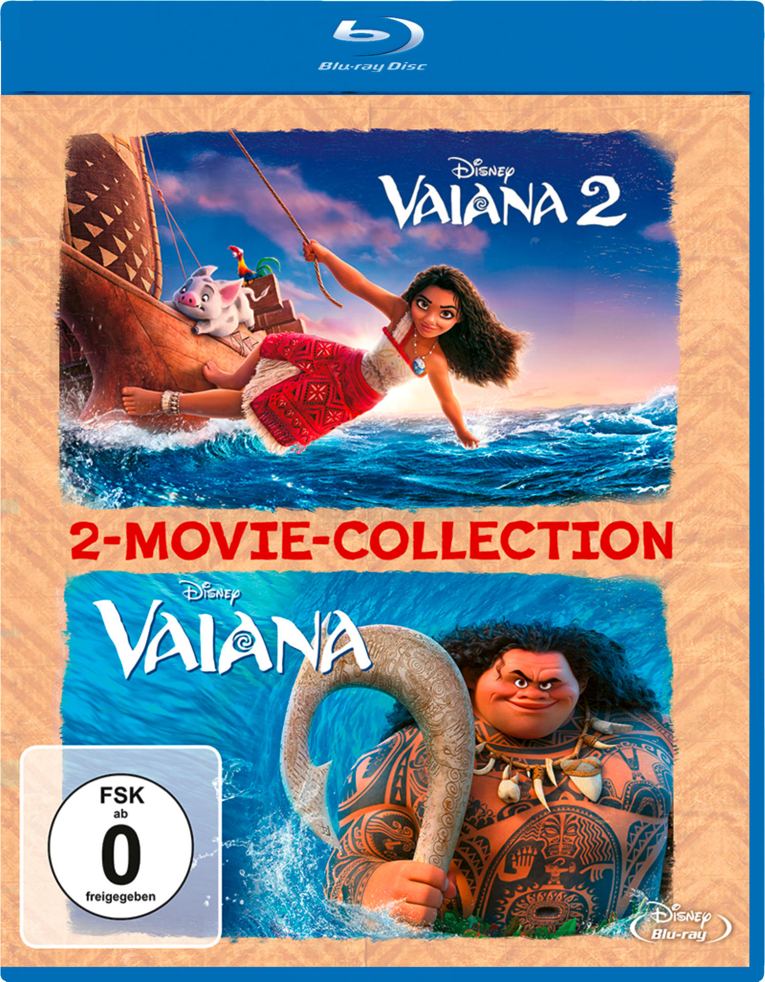 Filmcover: Vaiana 2-Movie Collection. Figuren aus Vaiana und Vaiana 2 auf blauem Ozeanhintergrund.