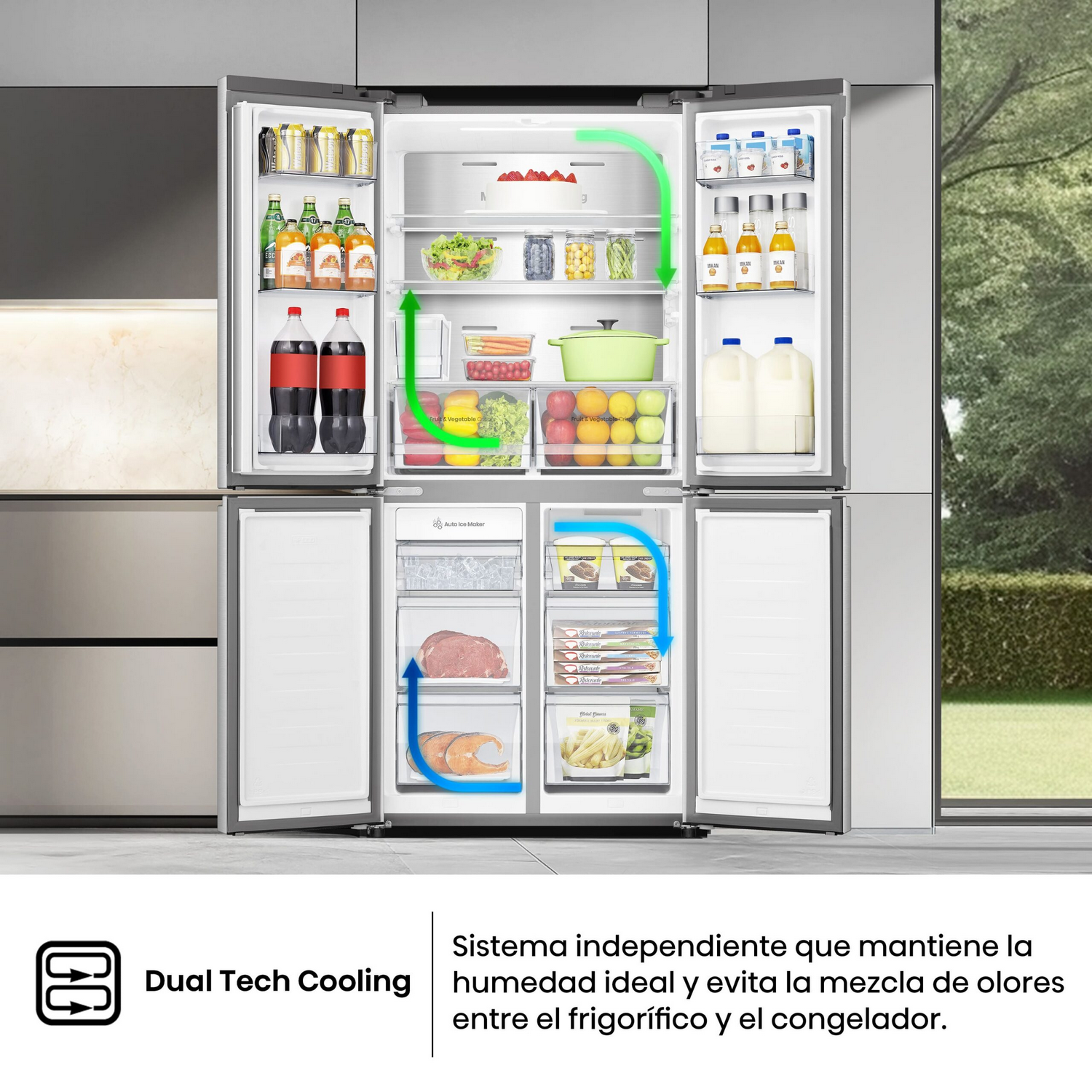 Nevera abierta con comida dentro. Flechas indican zonas de enfriamiento. Texto: Dual Tech Cooling.