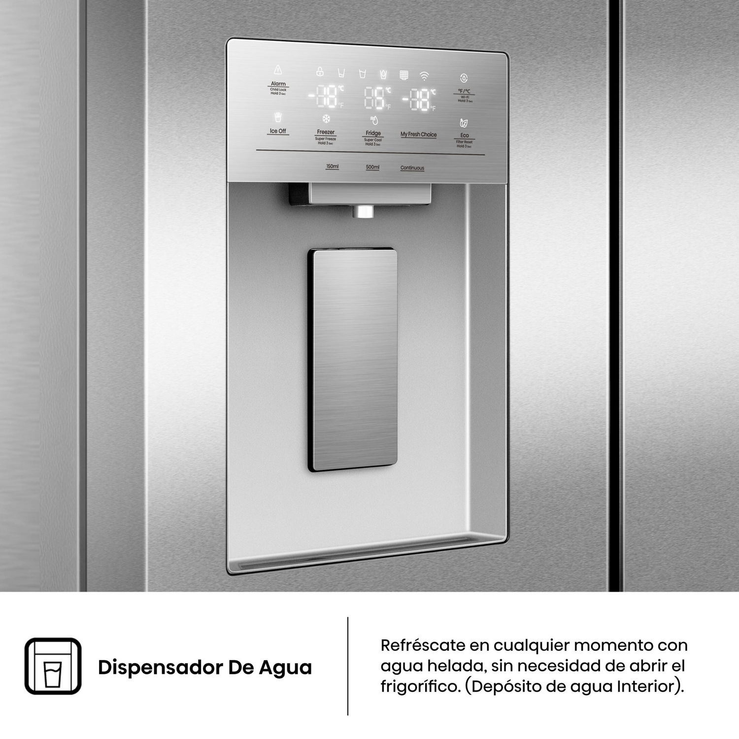Primer plano del dispensador de agua de un frigorífico. Texto: Dispenser De Agua, Refrescate...