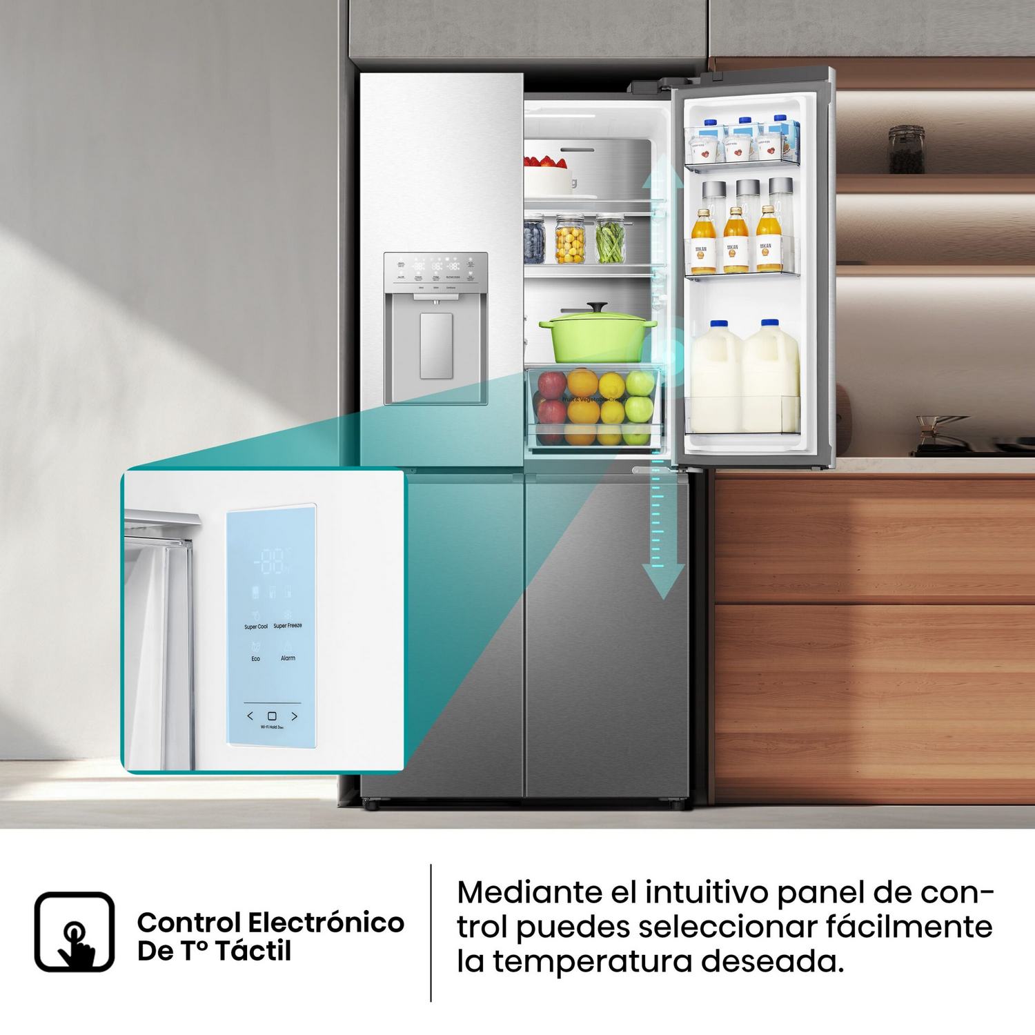 Interior de refrigerador moderno con alimentos. Panel táctil resaltado en azul.