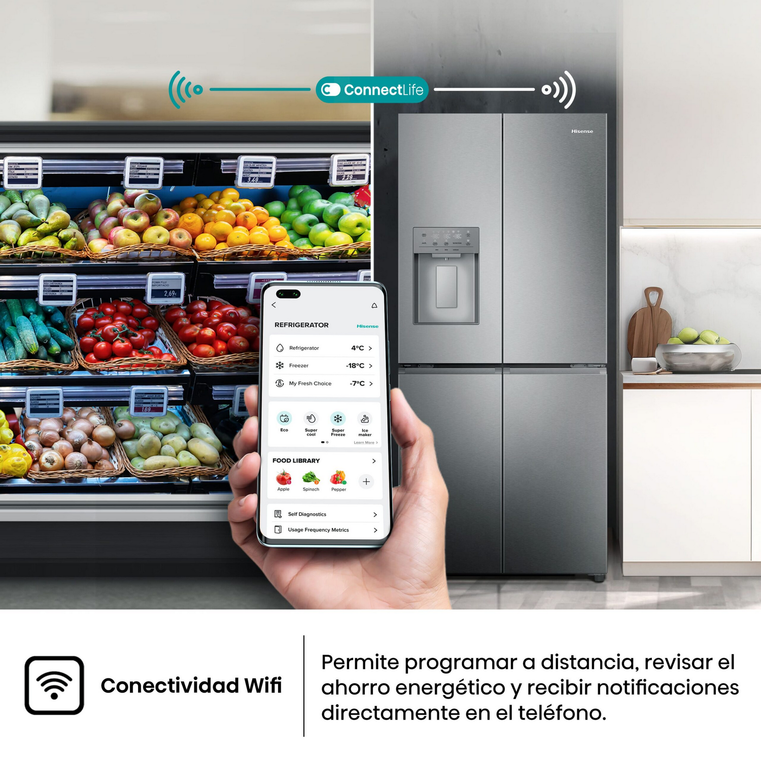 Refrigerador moderno con interfaz de teléfono. Ajustes de temperatura, biblioteca de alimentos, wifi.