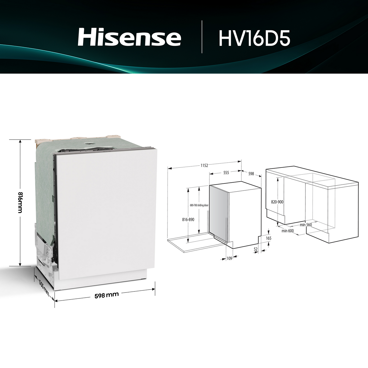 Diagrama de un lavavajillas Hisense HV16D5, con dimensiones y diseño.