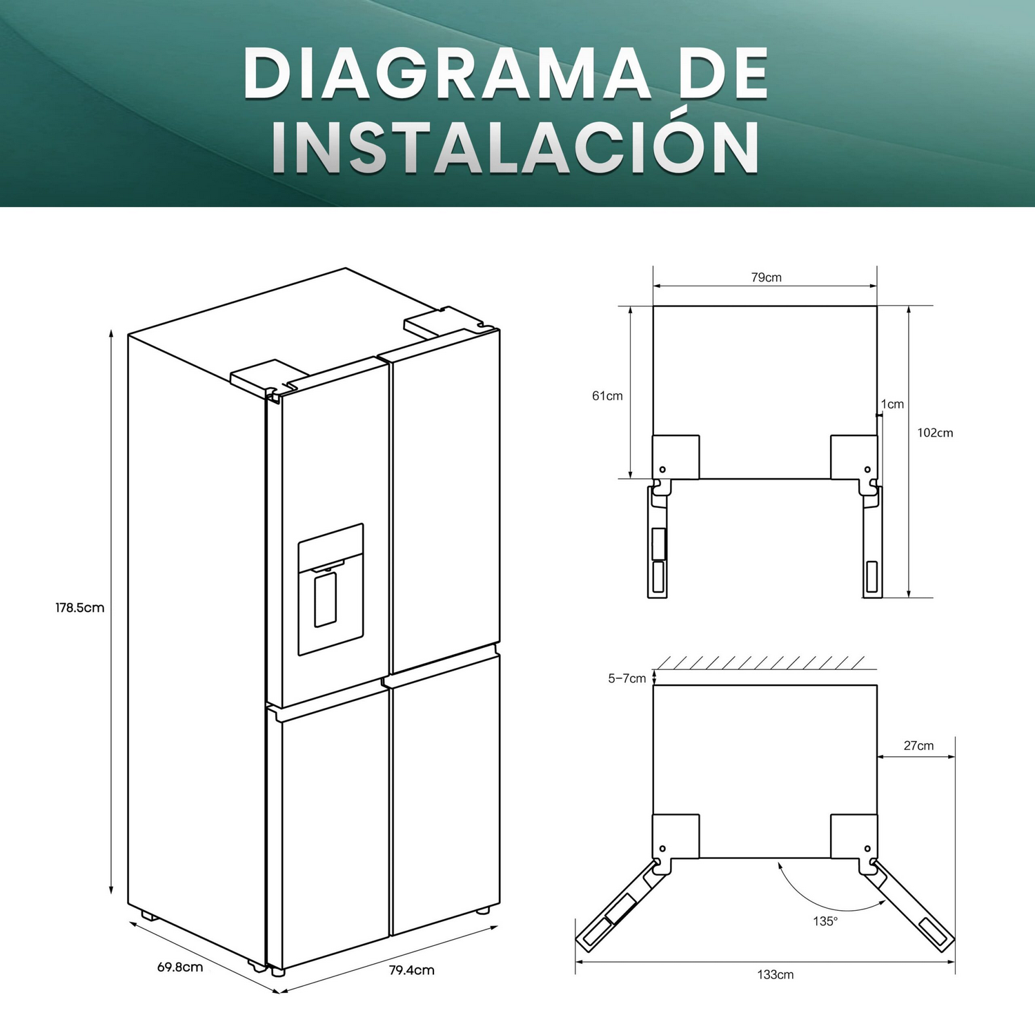 Diagrama de frigorífico con dimensiones y vistas para instalación, etiquetado en español.
