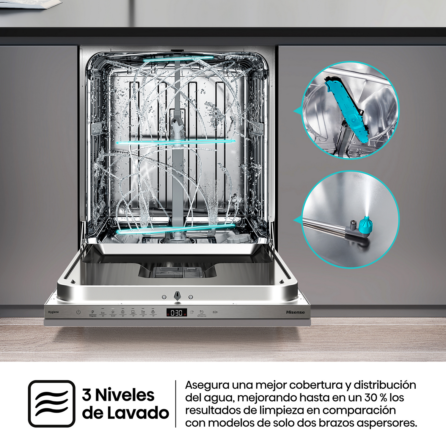 Un lavavajillas con puerta abierta, aspersores y detalles sobre la distribución del agua y la limpieza.