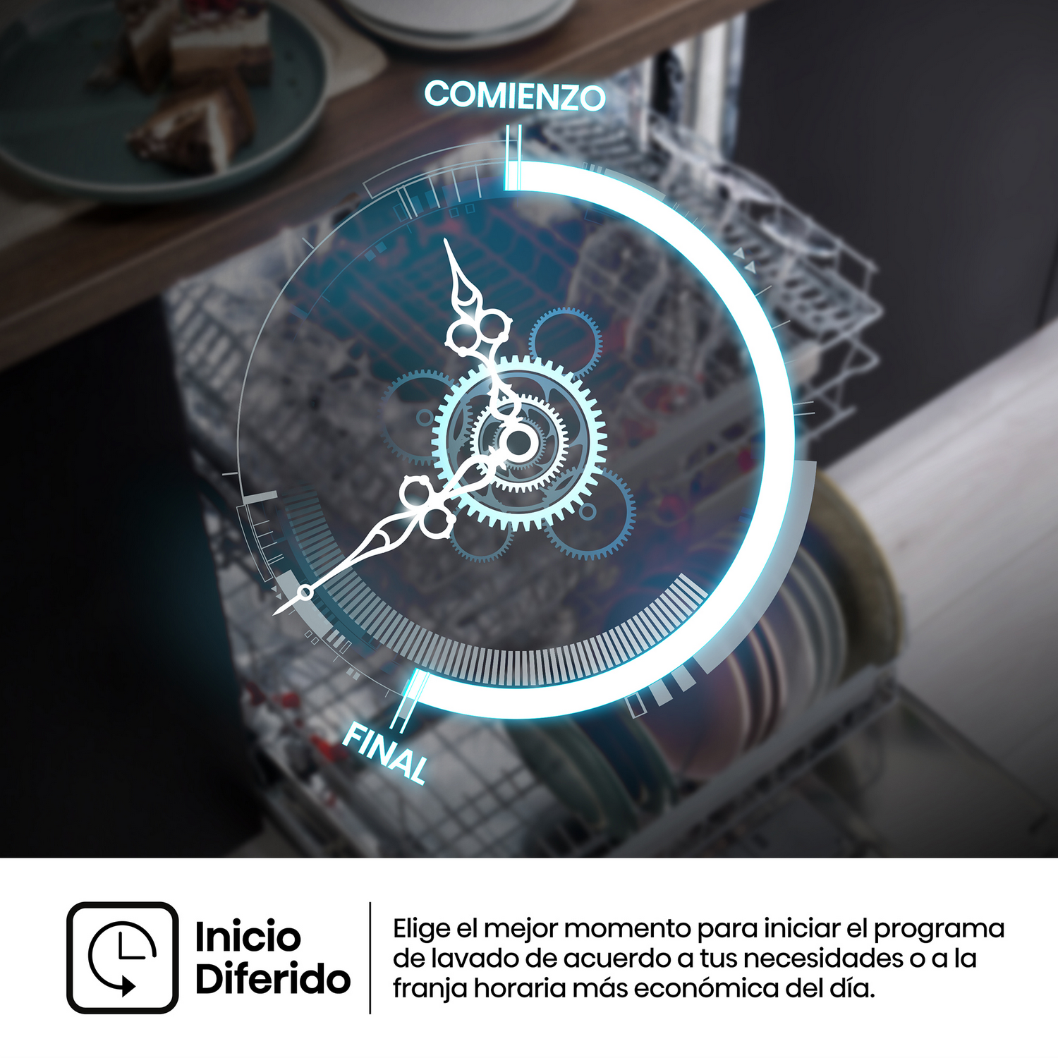Lavavajillas con gráfico de reloj que muestra las horas de inicio y finalización de un ciclo. Texto: Inicio diferido.