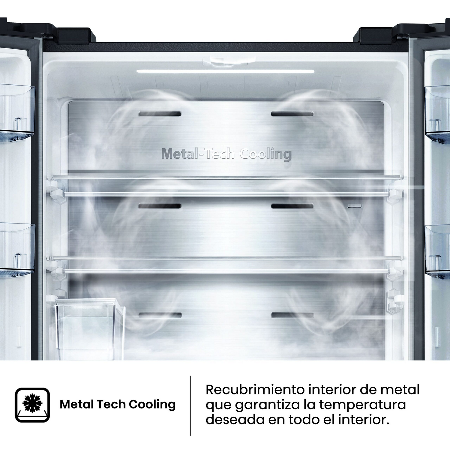 Dentro de un frigorífico con refrigeración metal-tech, estantes y luz. Efecto de vapor.