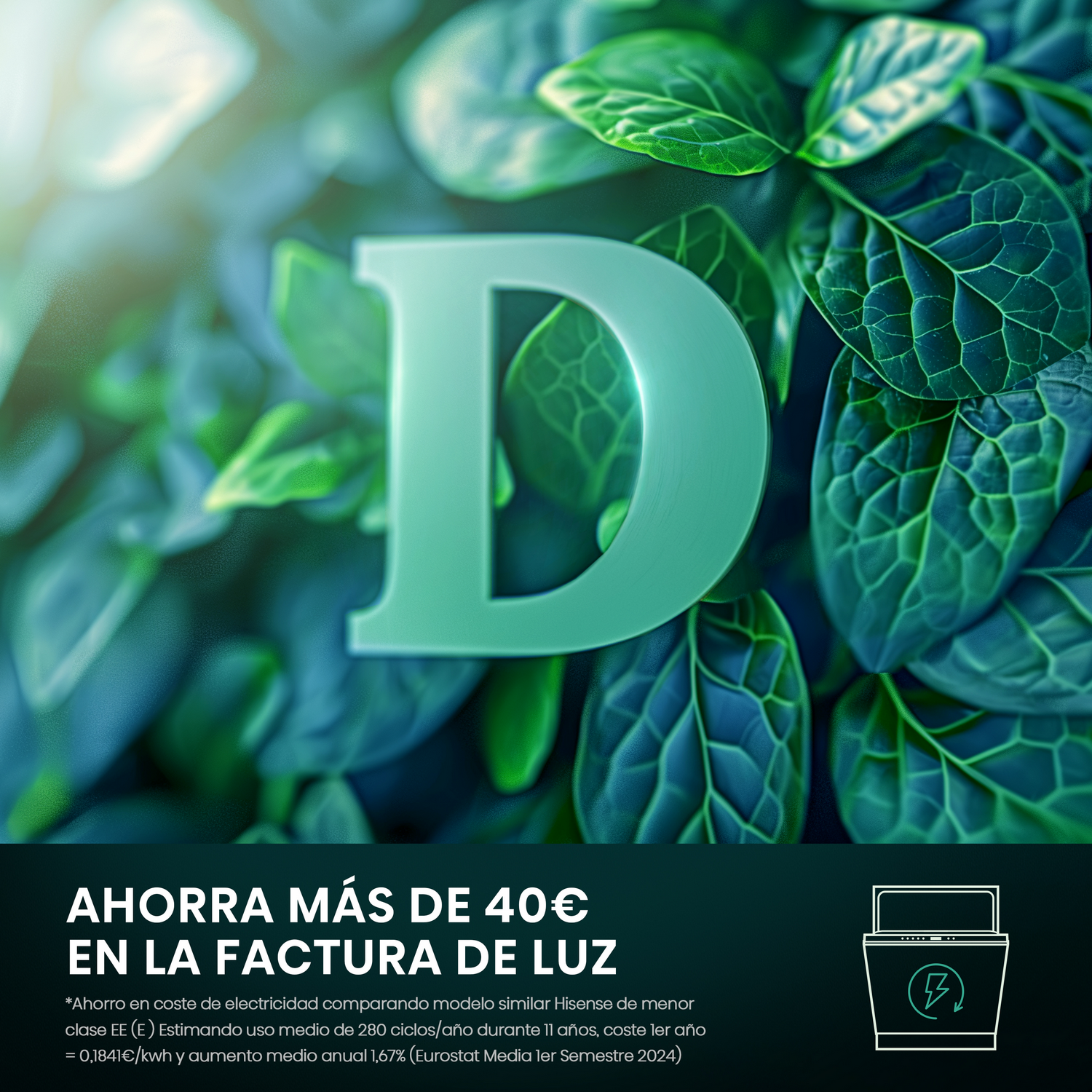 Un anuncio con la letra D en verde con hojas, que indica ahorro de costes energéticos.