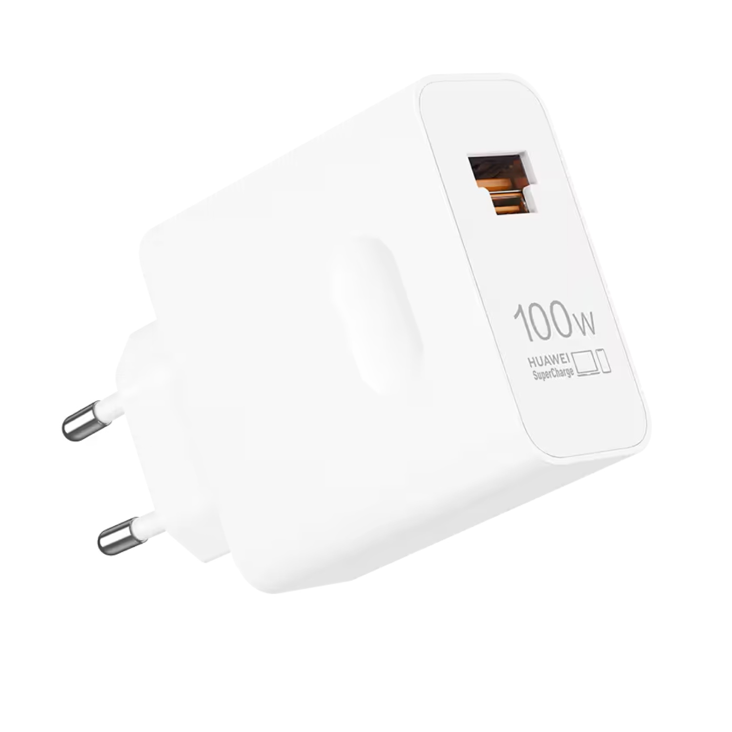 100W etiketli ve fişli beyaz Huawei şarj cihazı.