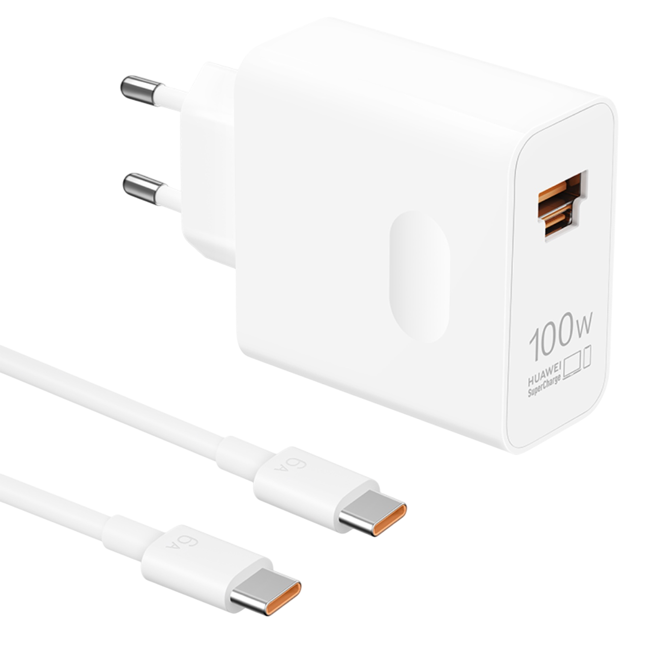 Beyaz Huawei 100W şarj cihazı ve iki USB-C kablosu.