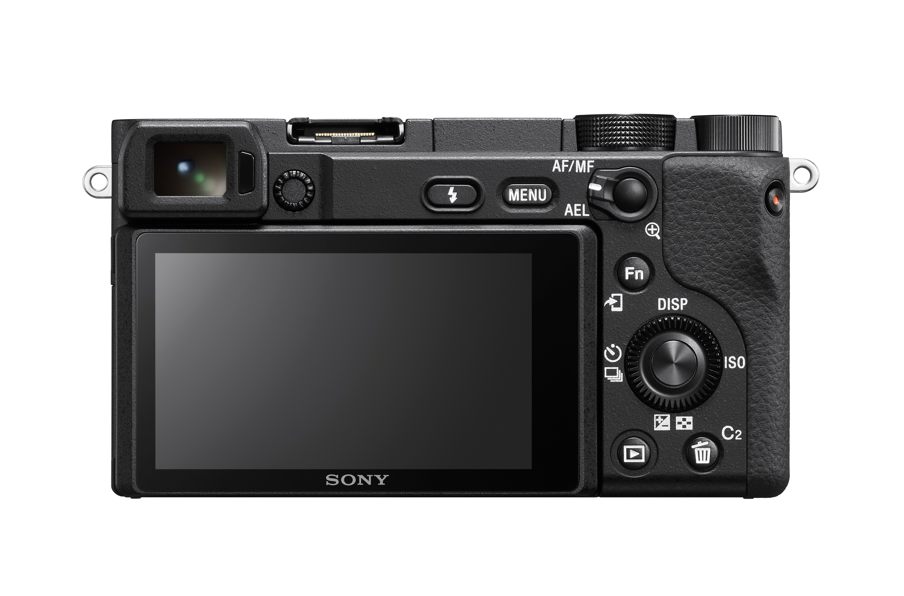 Parte trasera de cámara Sony negra con pantalla y botones.