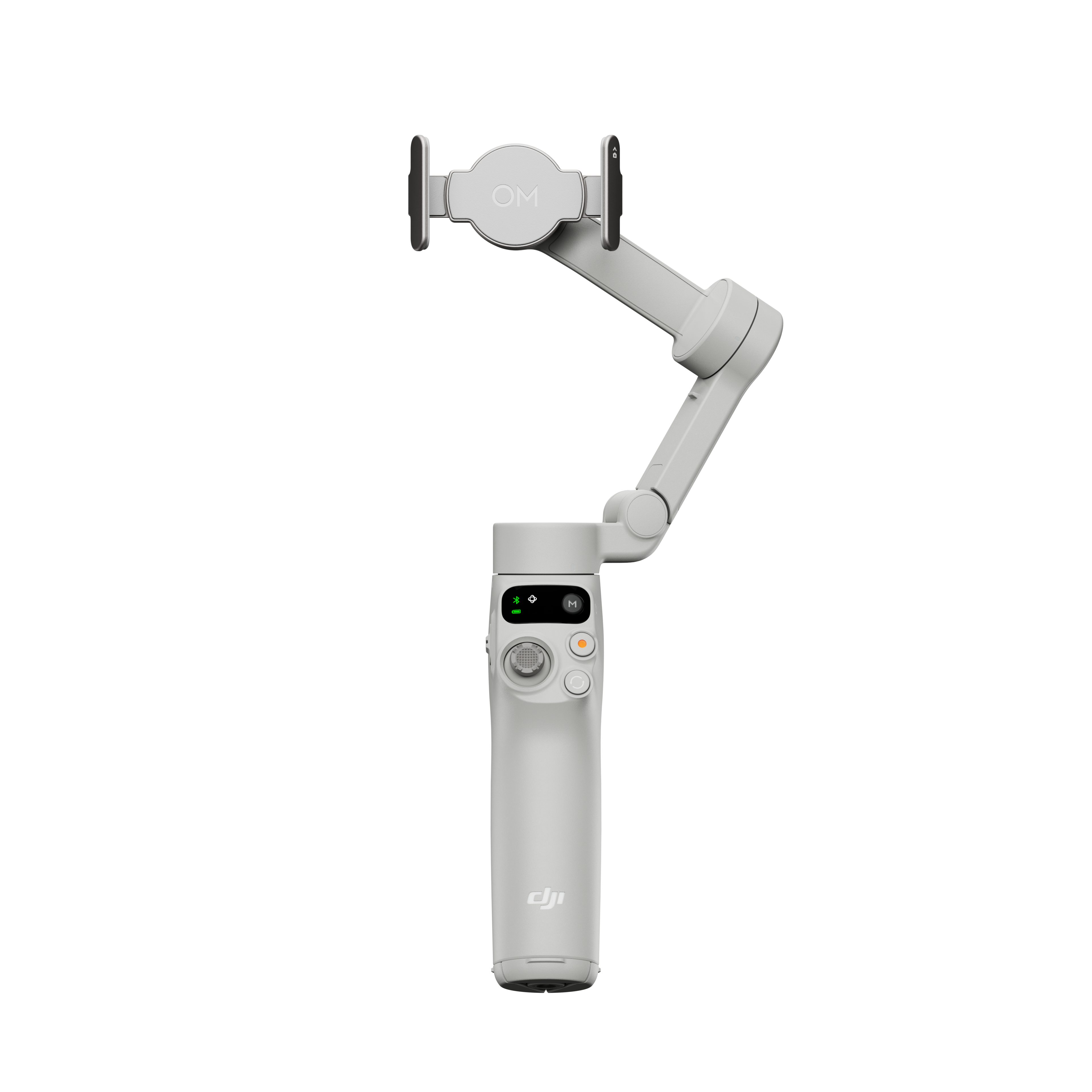 Ein weißer Hand-Gimbal-Stabilisator. Er hat eine Telefonhalterung und Steuertasten.