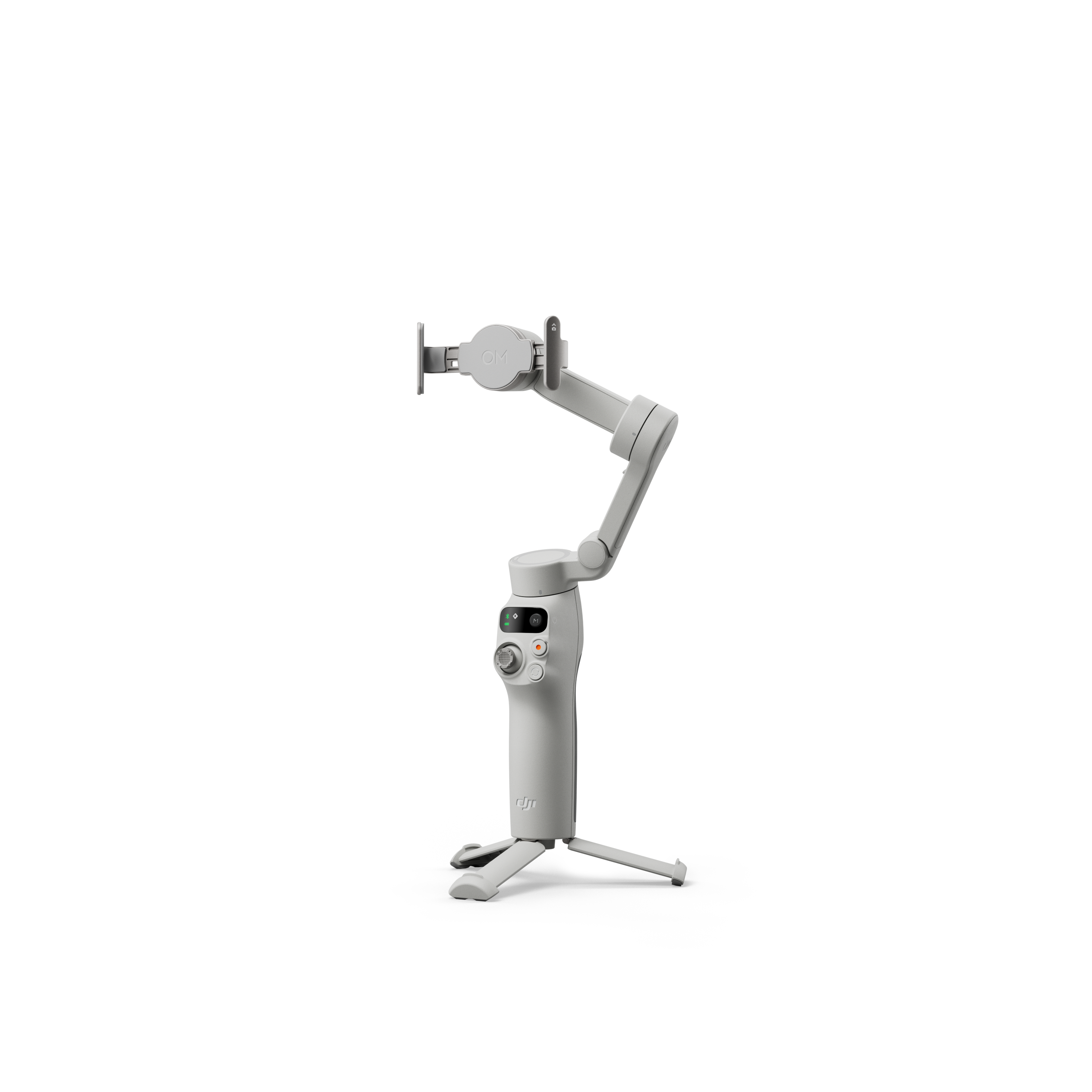 Ein weißer Smartphone-Gimbal mit Stativ und Smartphonehalterung. Es hat einen Joystick.
