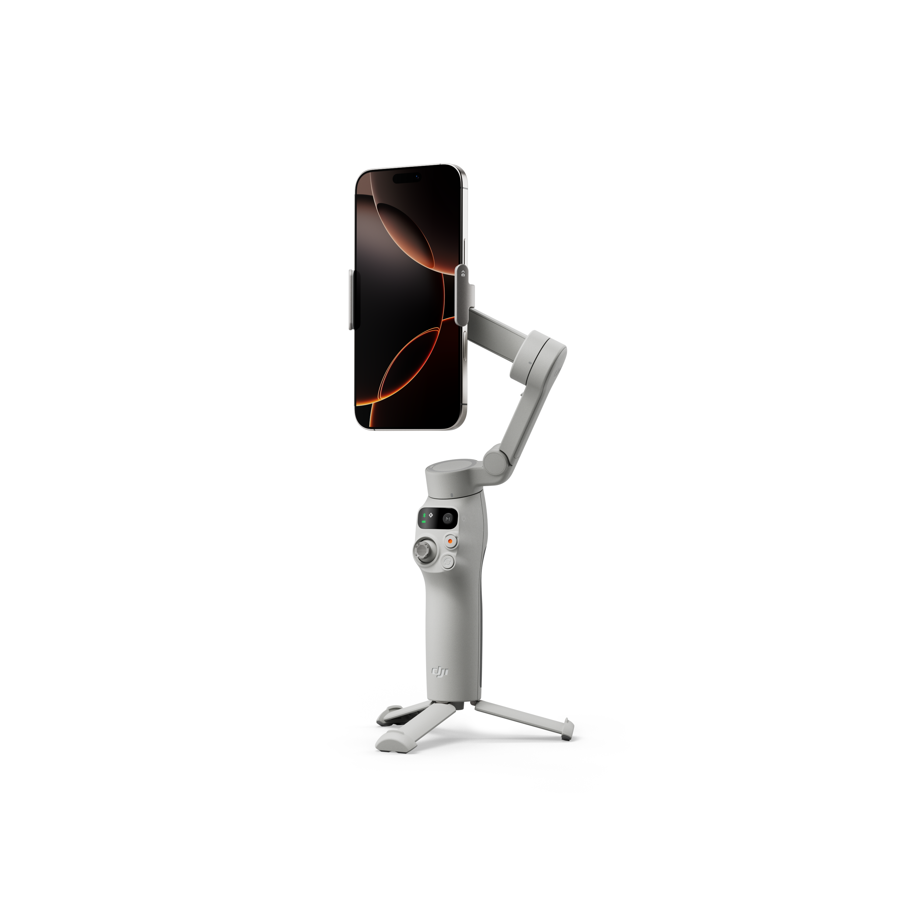 Ein grauer Handy-Gimbal mit befestigtem Smartphone, auf schwarzem Hintergrund.