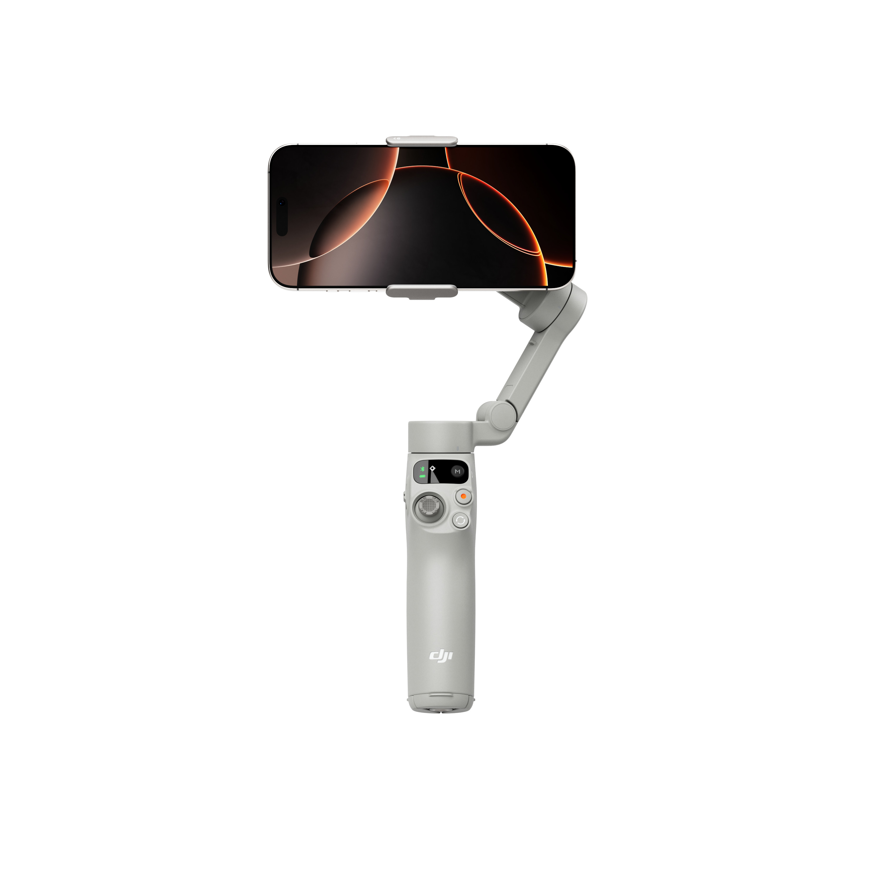 Grauer Gimbal mit befestigtem Smartphone, mit orangefarbenem Hintergrund auf dem Bildschirm.