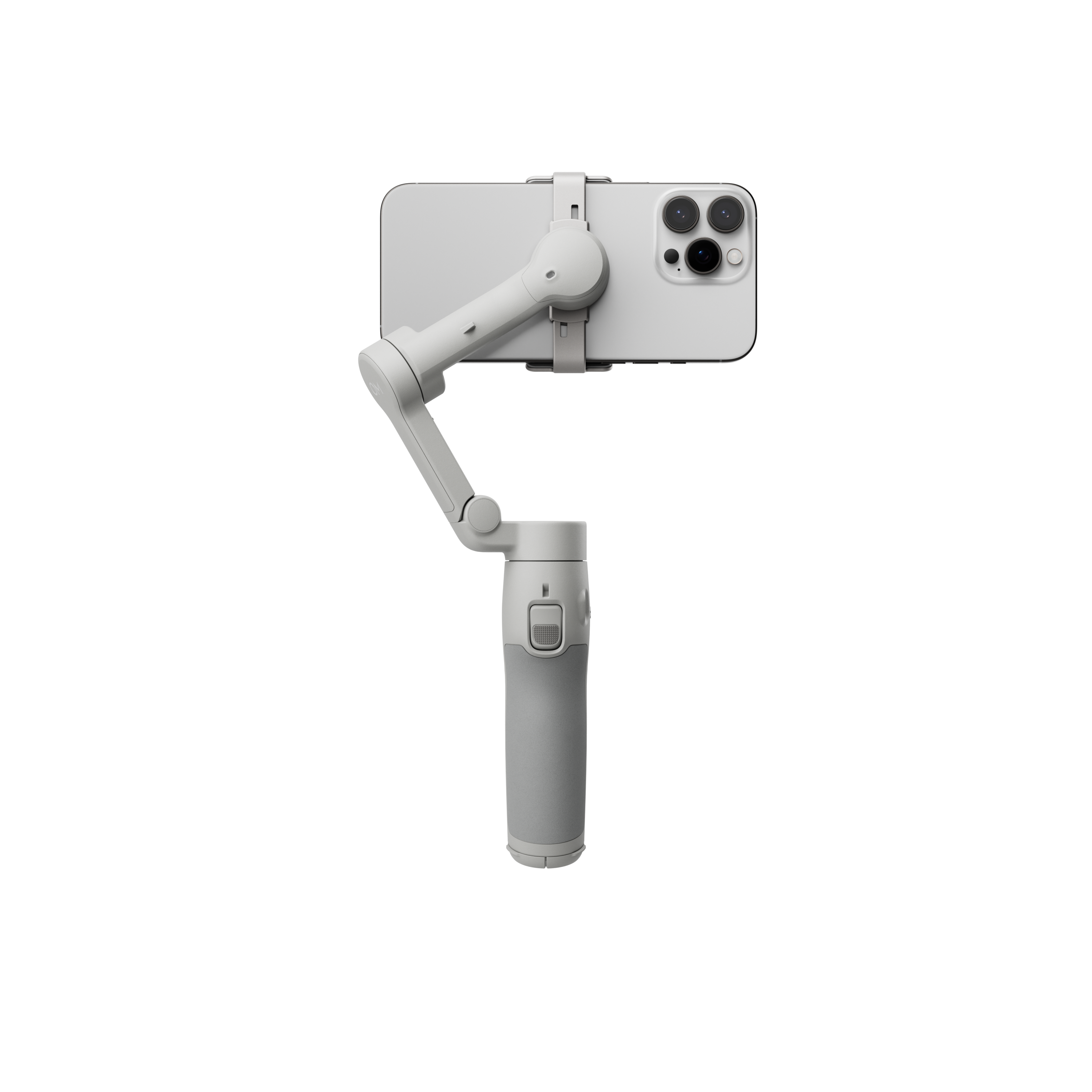 Weißes Telefon an einem Gimbal, vor schwarzem Hintergrund dargestellt.