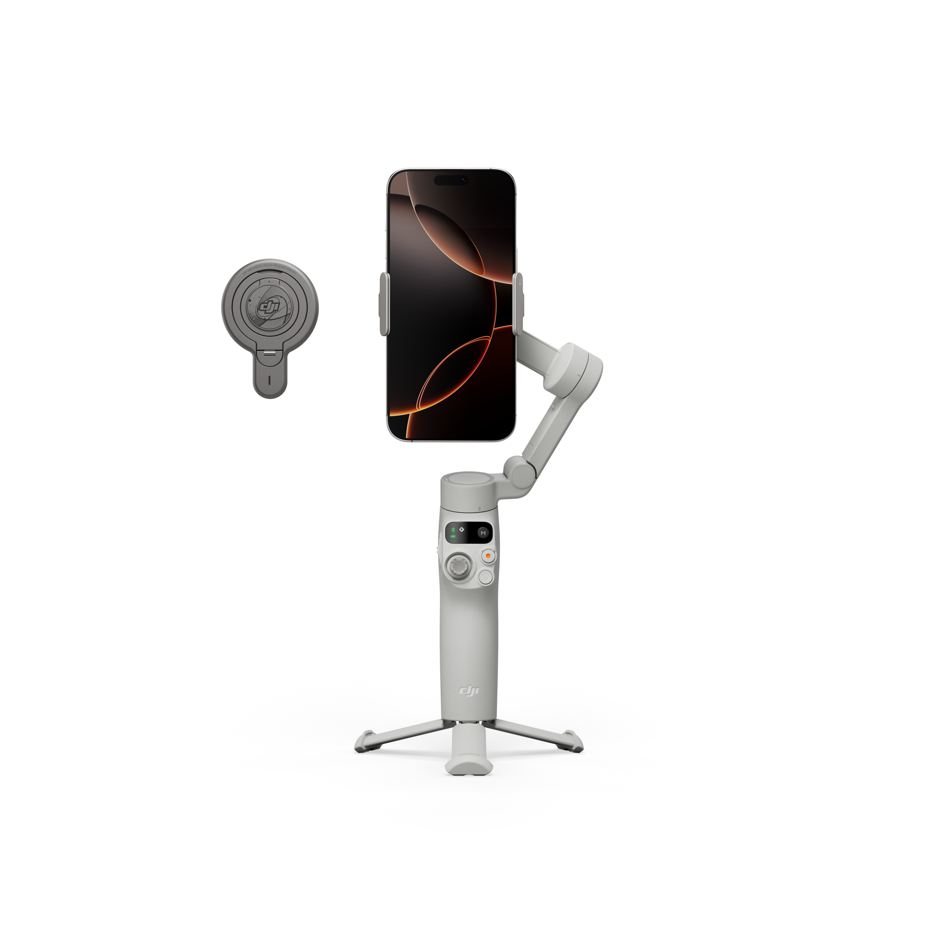 Ein Hand-Gimbal mit Telefon, Fernbedienung und Stativ auf schwarzem Hintergrund.