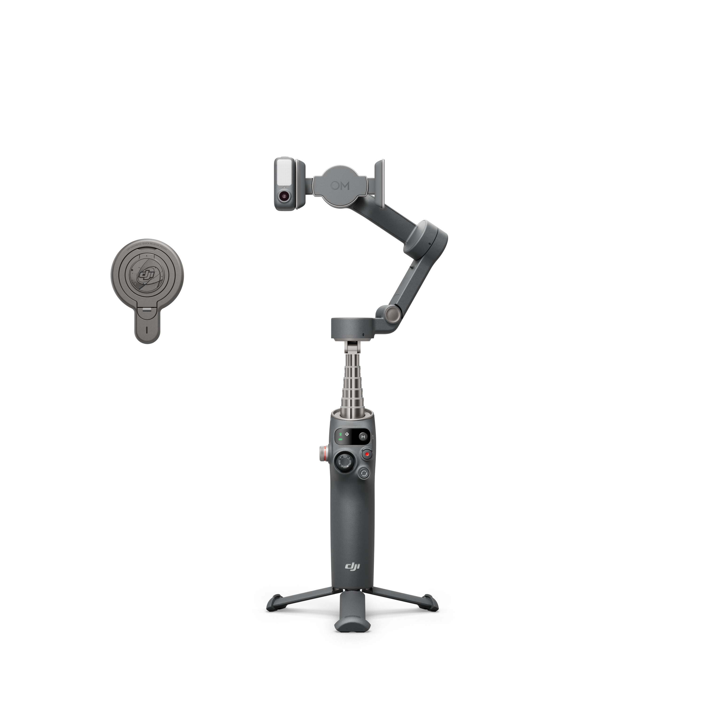 Grauer Stabilisator mit Kamera und abnehmbarem Controller.